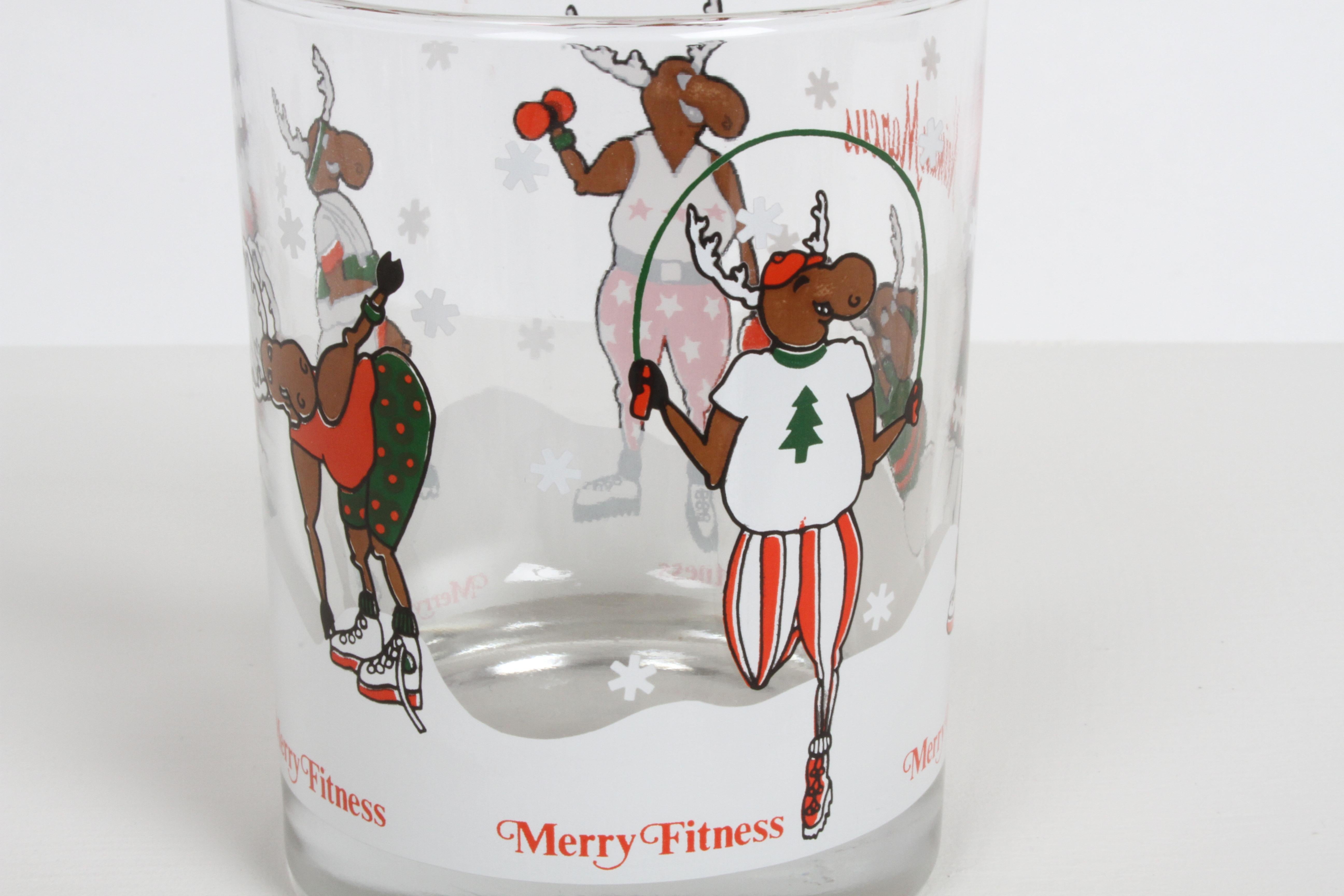 Vintage Neiman-Marcus Holiday Christmas Theme Merry Fitness Bar Glasses Set of 5 4