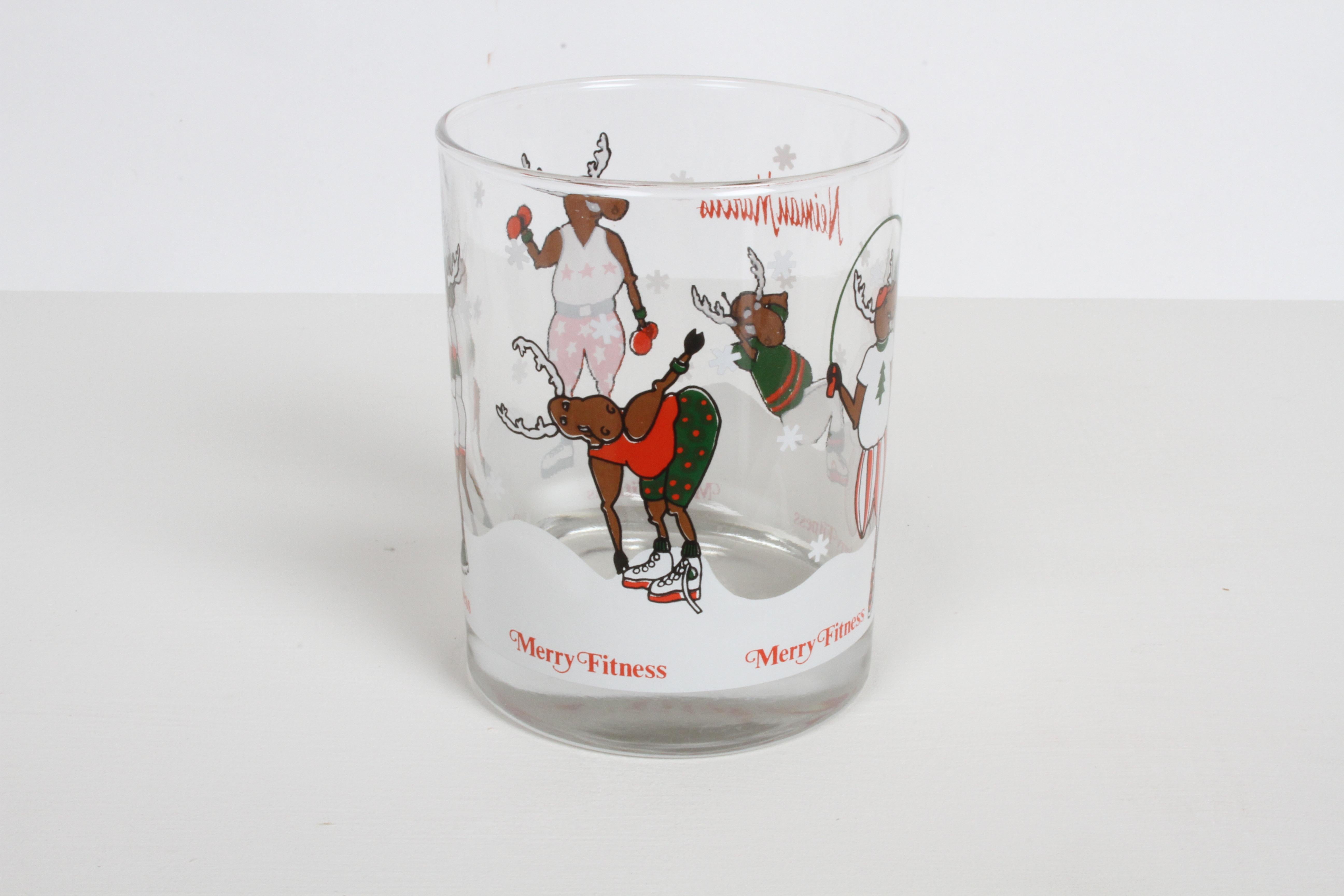 American Vintage Neiman-Marcus Holiday Christmas Theme Merry Fitness Bar Glasses Set of 5