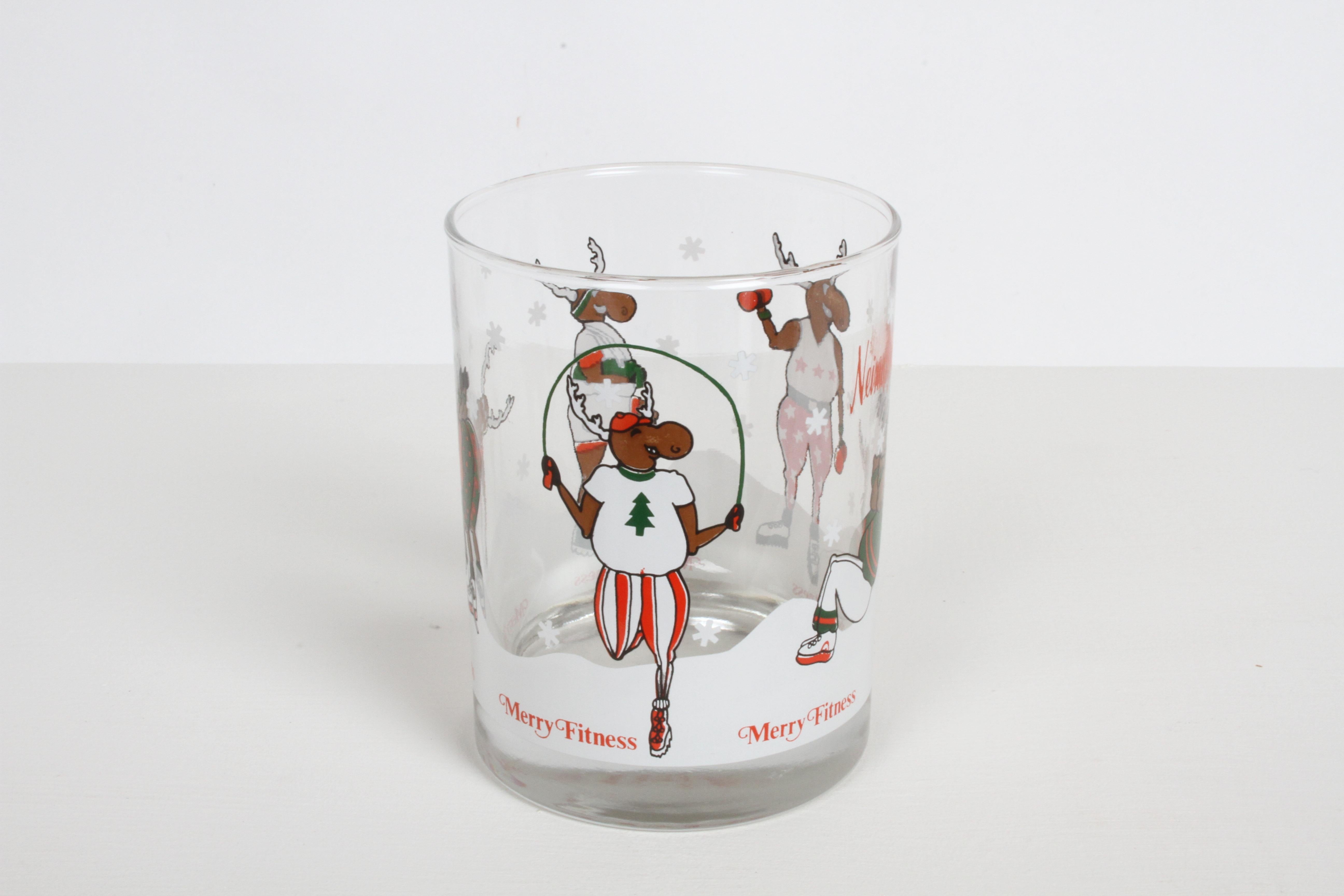 Vintage Neiman-Marcus Holiday Christmas Theme Merry Fitness Bar Glasses Set of 5 In Good Condition In St. Louis, MO