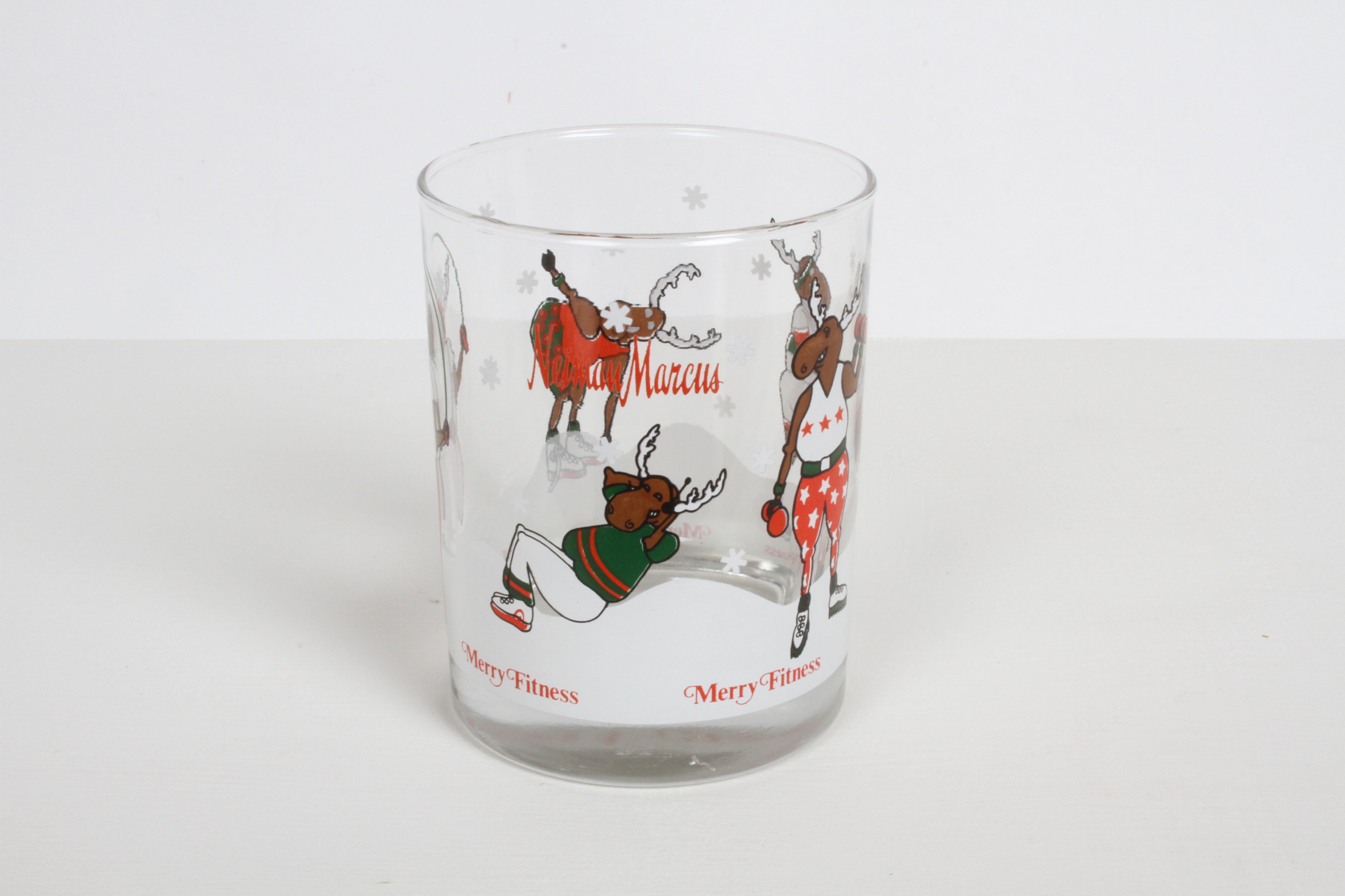 Late 20th Century Vintage Neiman-Marcus Holiday Christmas Theme Merry Fitness Bar Glasses Set of 5