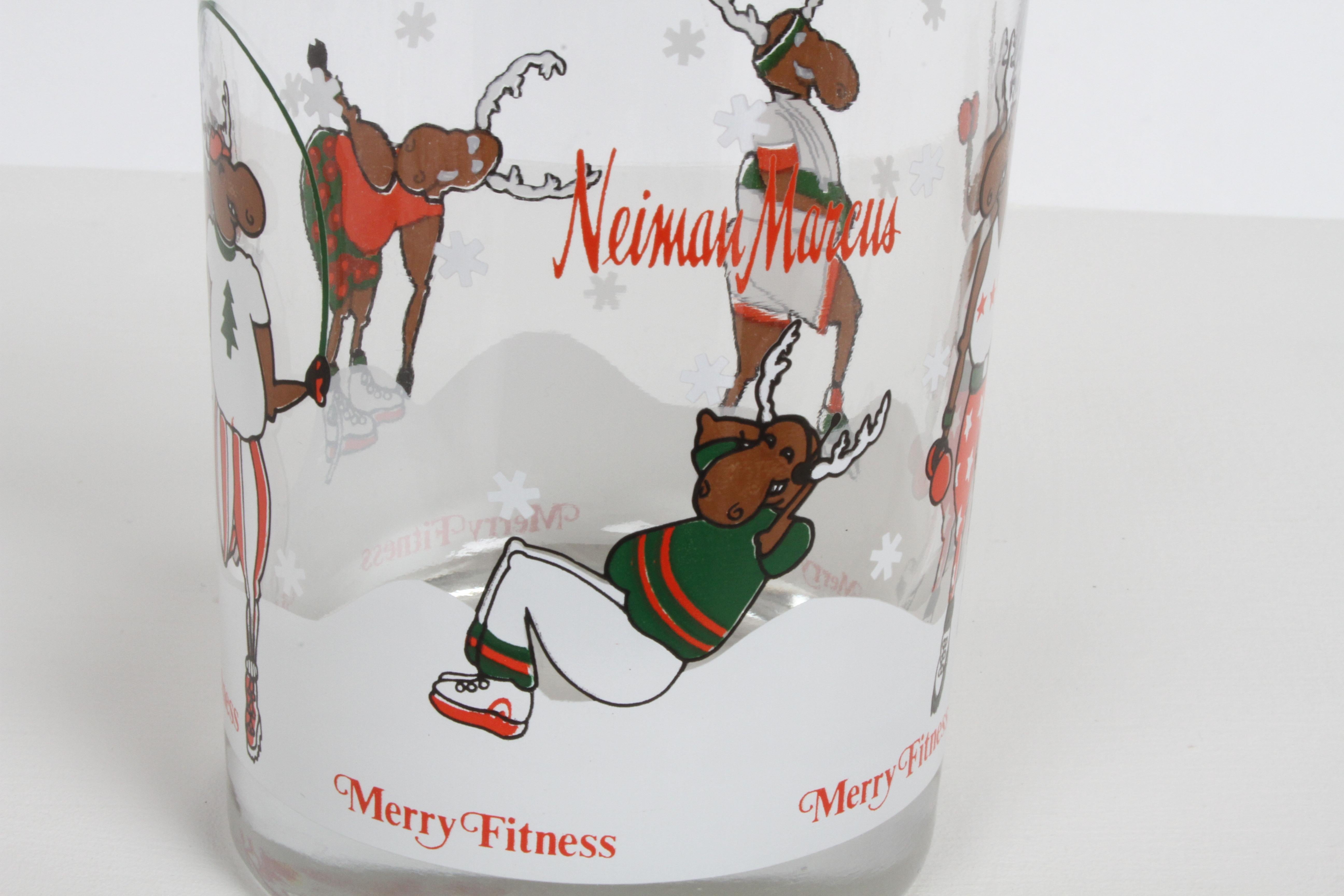 Vintage Neiman-Marcus Holiday Christmas Theme Merry Fitness Bar Glasses Set of 5 1