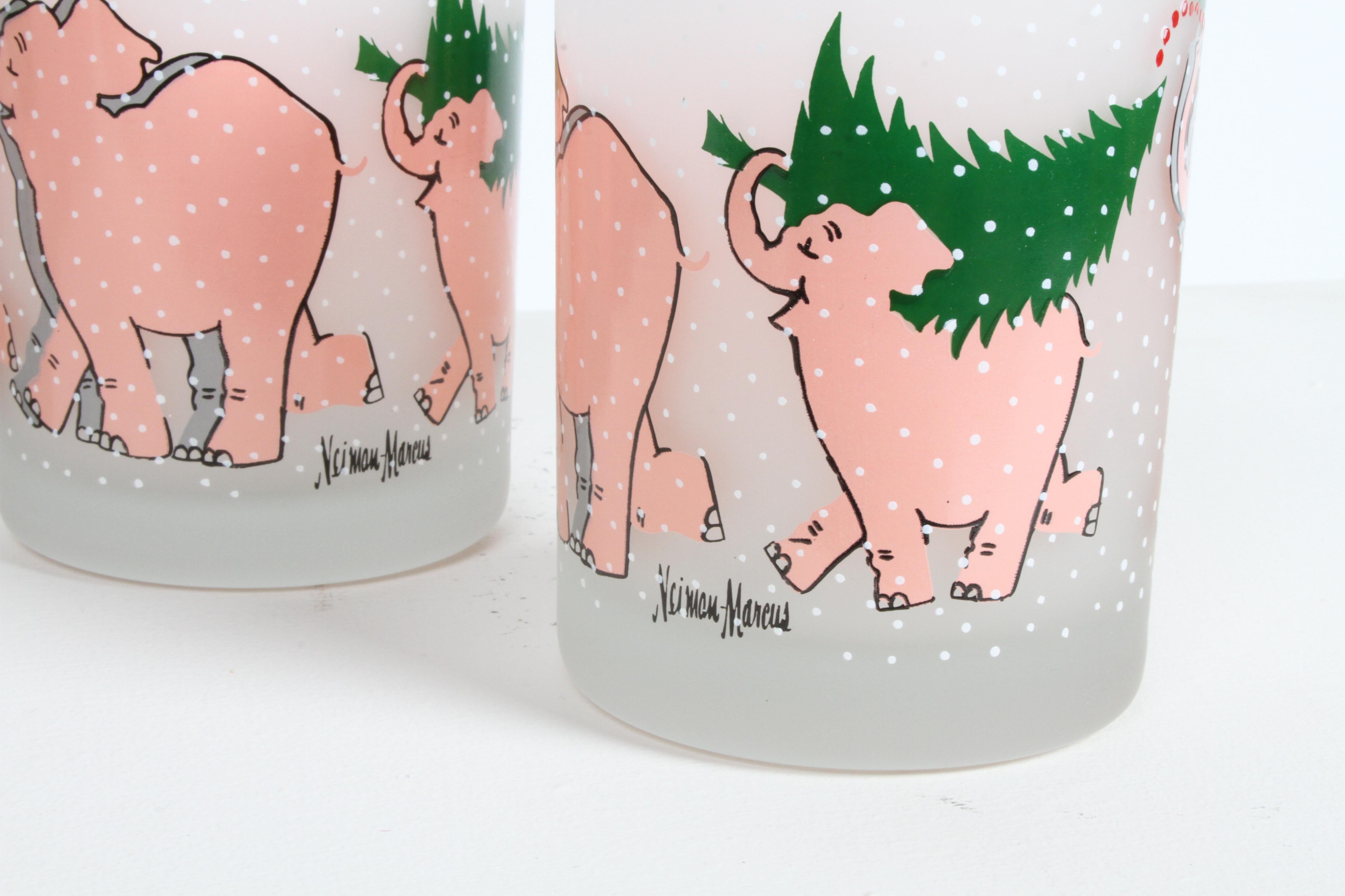 American Vintage Neiman-Marcus Holiday Christmas Tree Pink Elephant Bar Glasses Set of 6