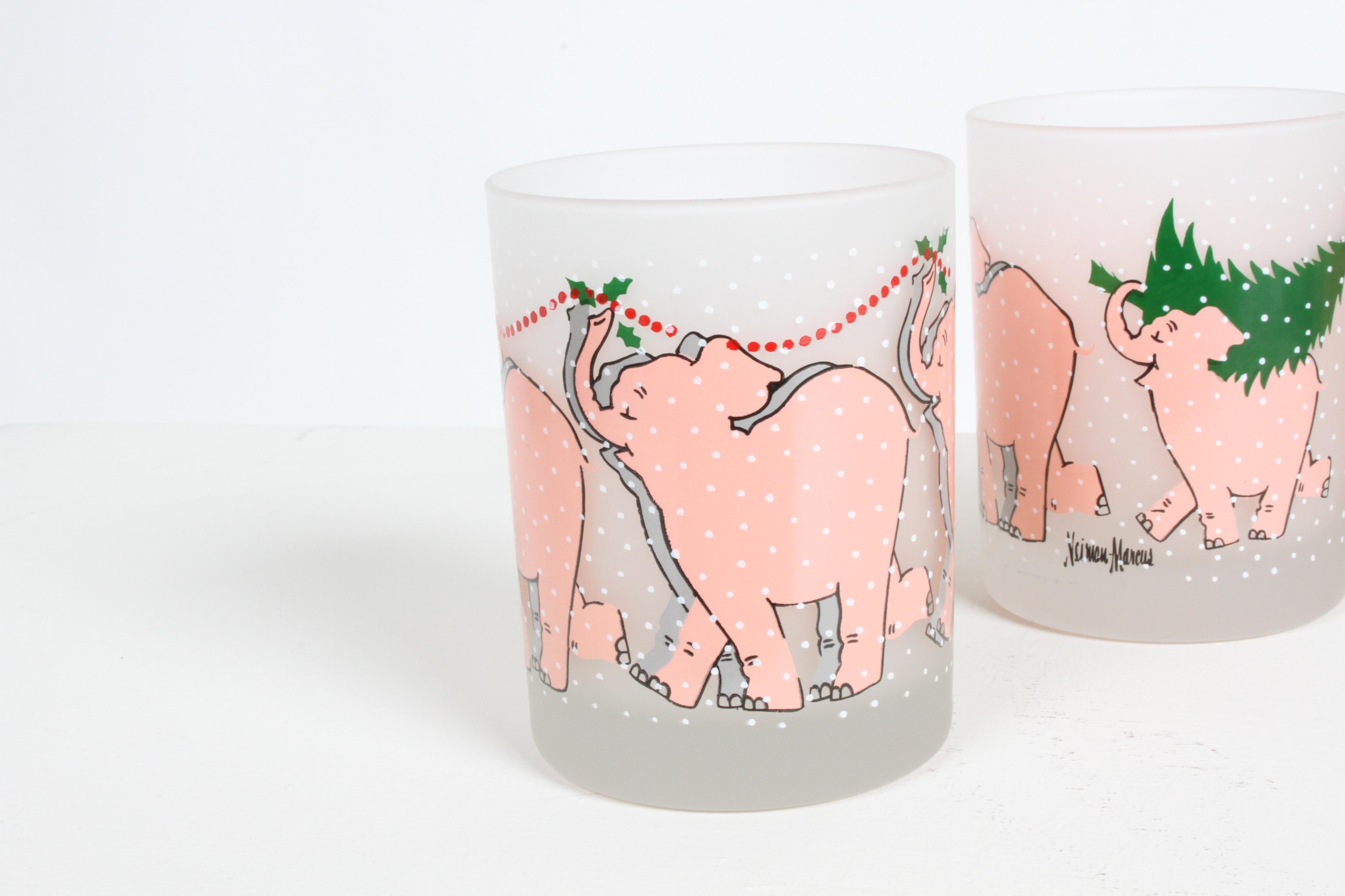 Vintage Neiman-Marcus Holiday Christmas Tree Pink Elephant Bar Glasses Set of 6 In Good Condition In St. Louis, MO