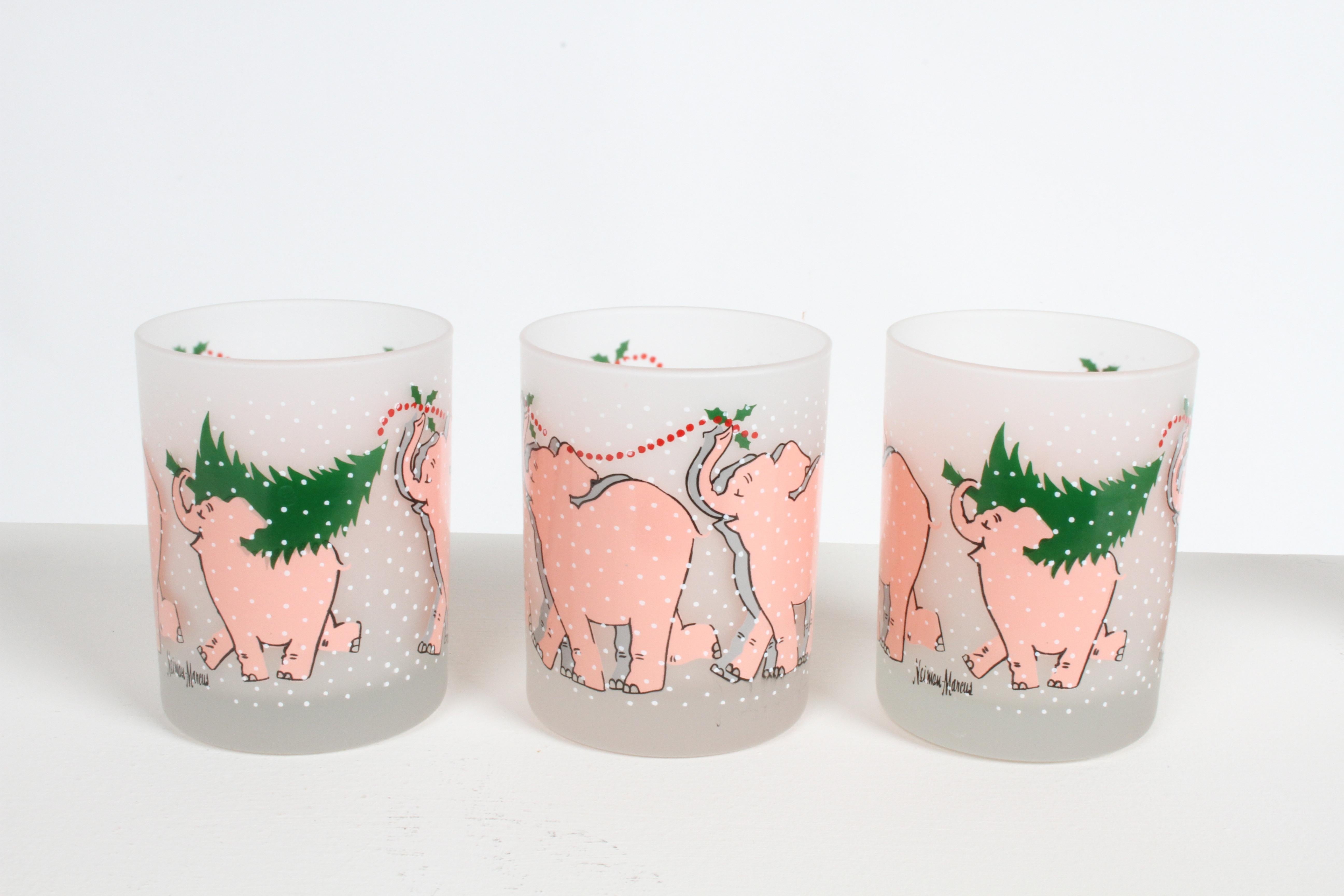 Late 20th Century Vintage Neiman-Marcus Holiday Christmas Tree Pink Elephant Bar Glasses Set of 6