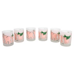 Vintage Neiman-Marcus Holiday Christmas Tree Pink Elephant Bar Glasses Set of 6