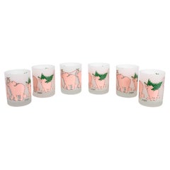 Vintage Neiman-Marcus Holiday Tree Pink Elephant Bar Glasses Set of 6