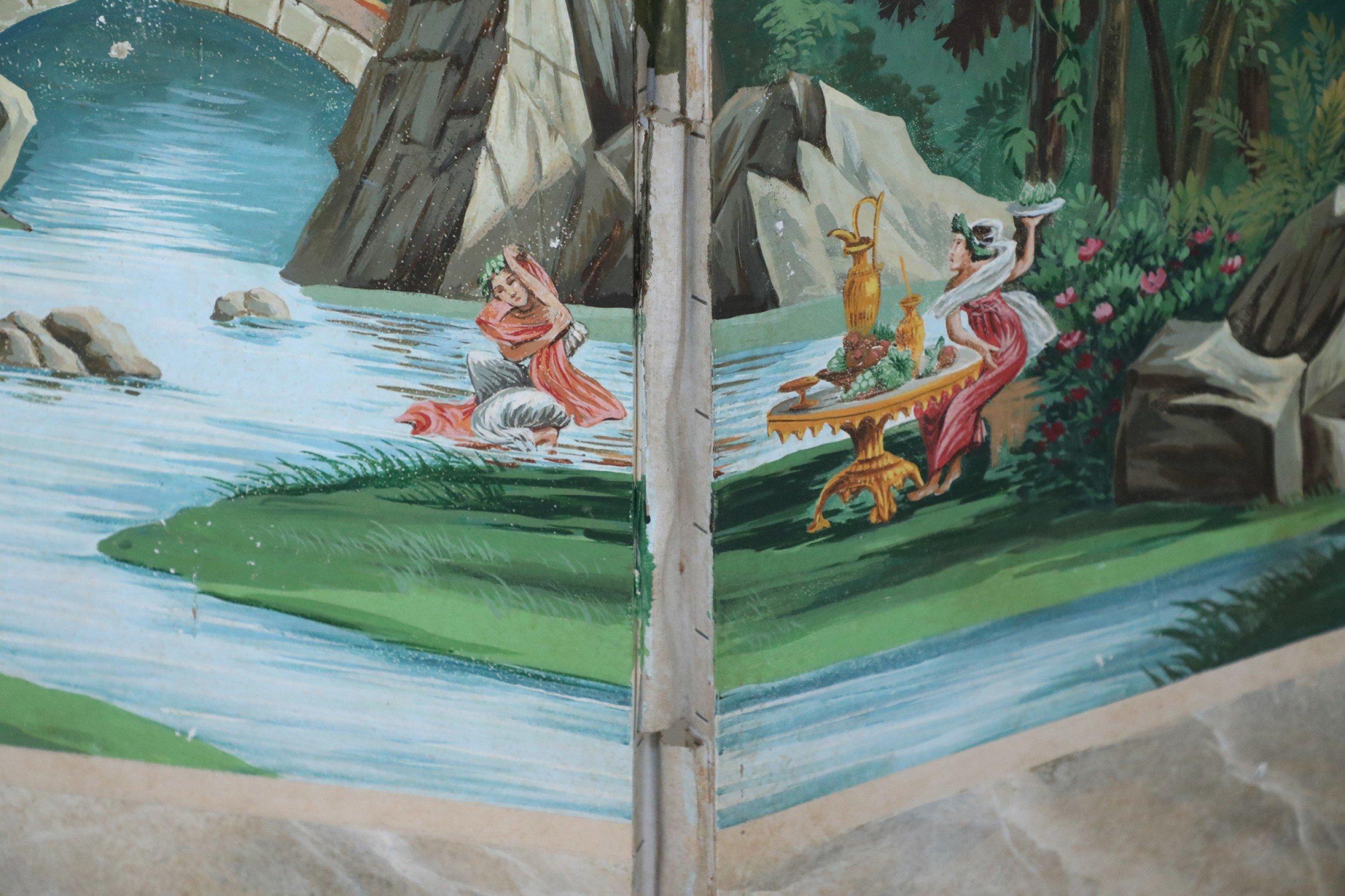 Vintage Neo-Classic Style Painted Pastoral Scene Four Panel Folding Screen For Sale 5