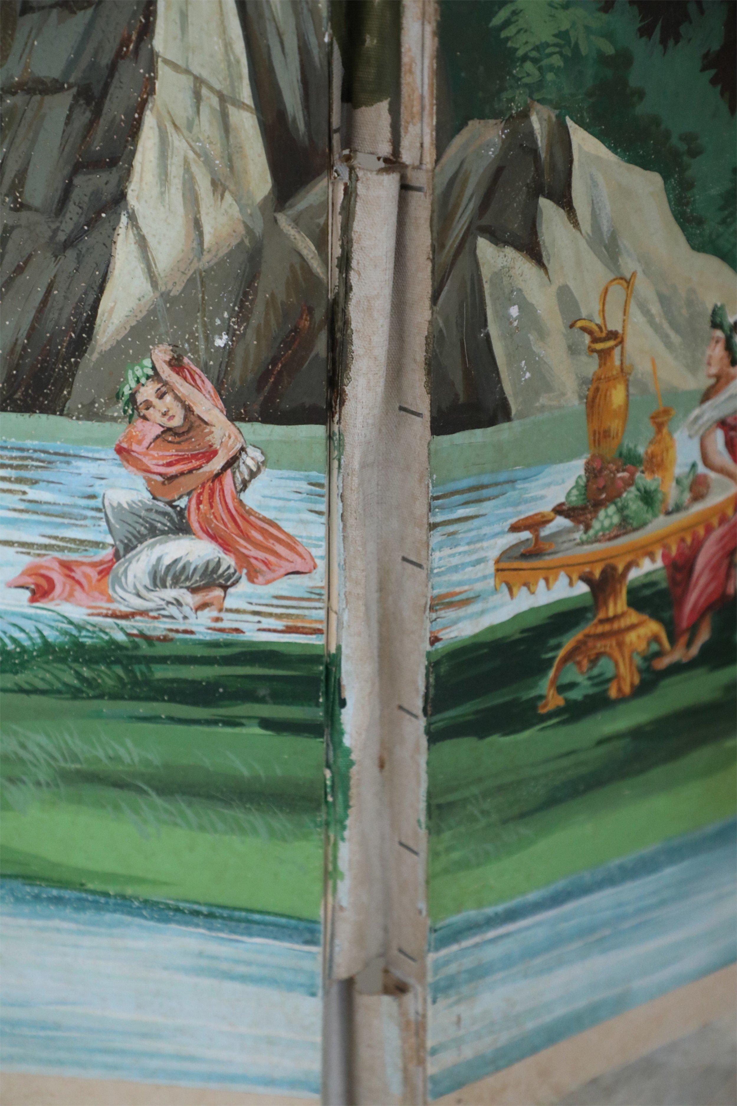 Vintage Neo-Classic Style Painted Pastoral Scene Four Panel Folding Screen For Sale 9