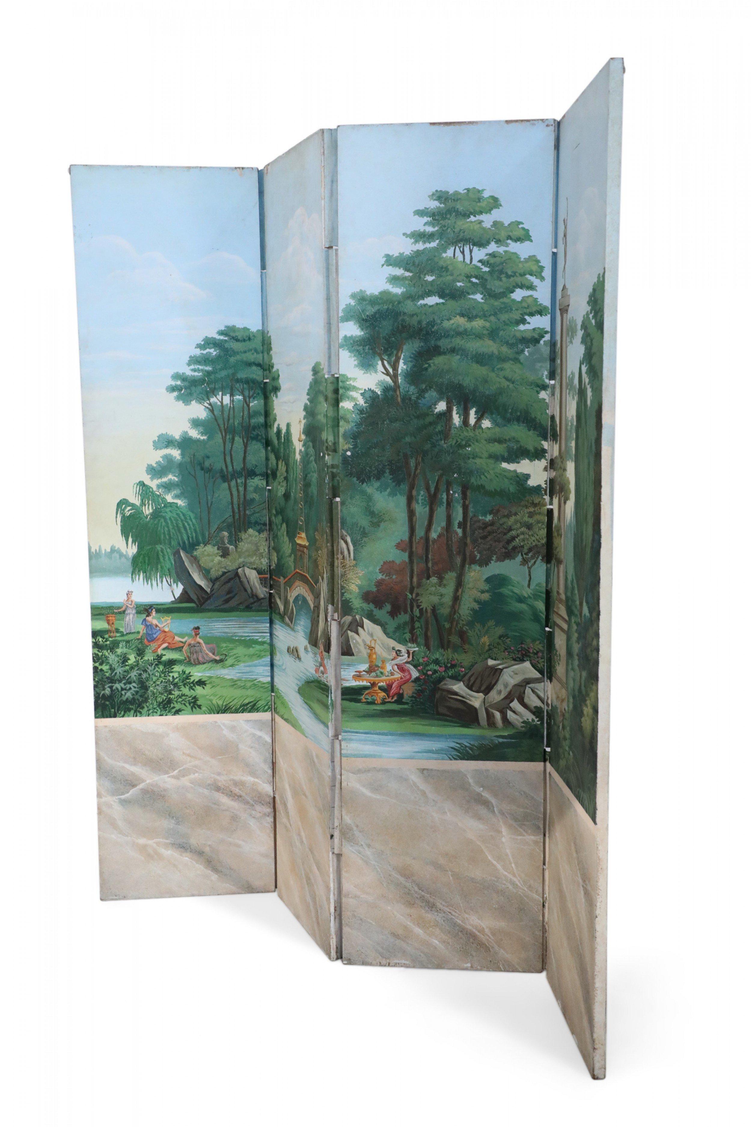 2 Biombos plegables de cuatro hojas de estilo neoclásico italiano de época, pintados con una escena idílica de mujeres a ambos lados de un río tocando música, bañándose y comiendo, una torre sobre un puente a lo lejos y un monumento en un exuberante