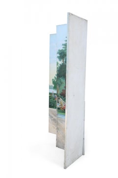 Vintage Neo-Classic Style Painted Pastoral Scene Four Panel Folding Screen