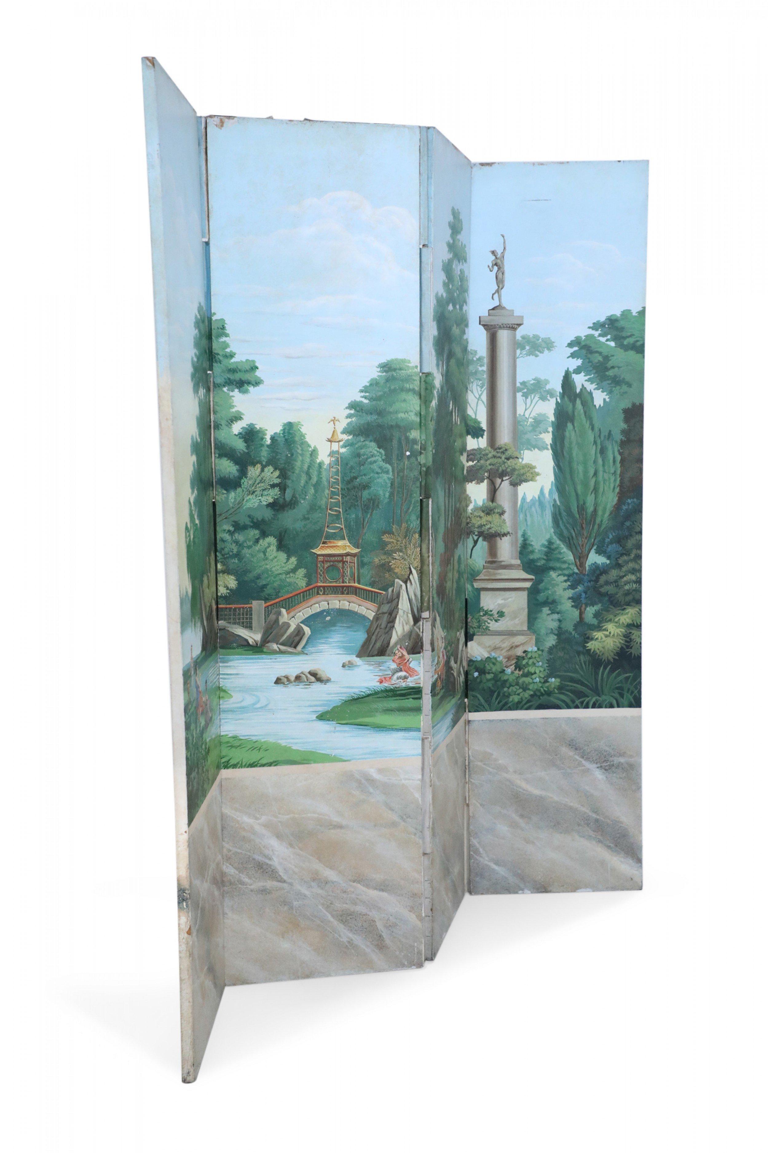 Biombo Vintage de Cuatro Paneles con Escena Pastoral Pintada de Estilo Neoclásico 1