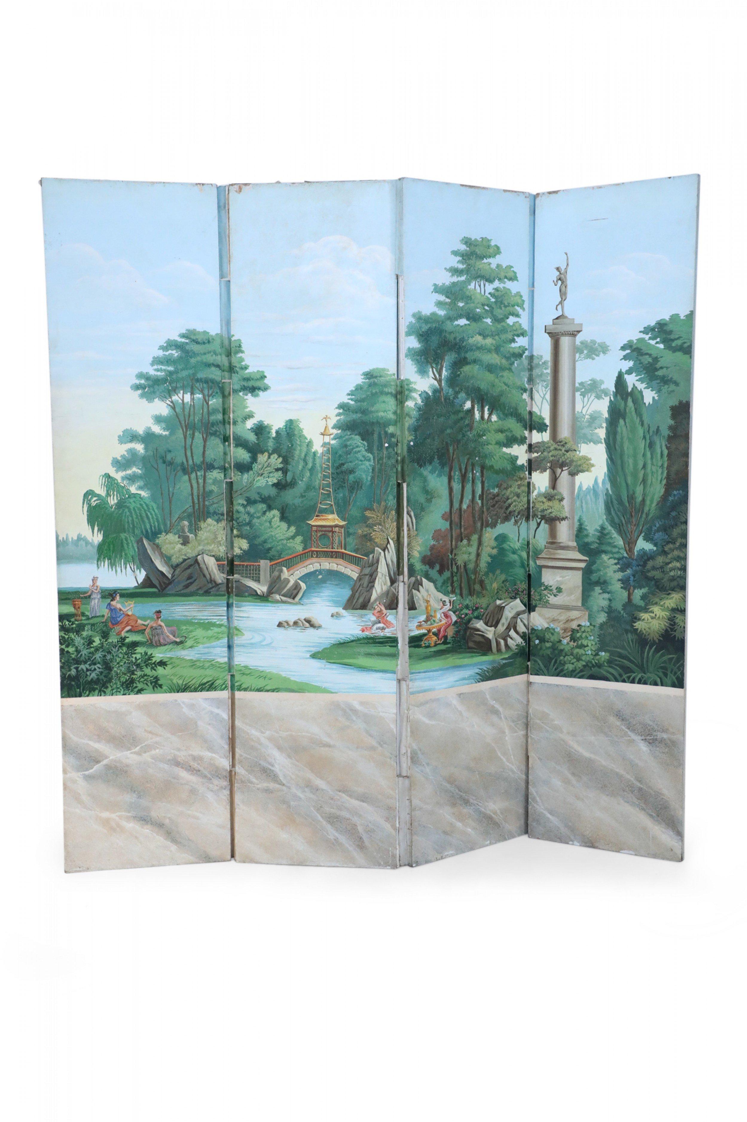 Vintage Neo-Classic Style Painted Pastoral Scene Four Panel Folding Screen For Sale 2