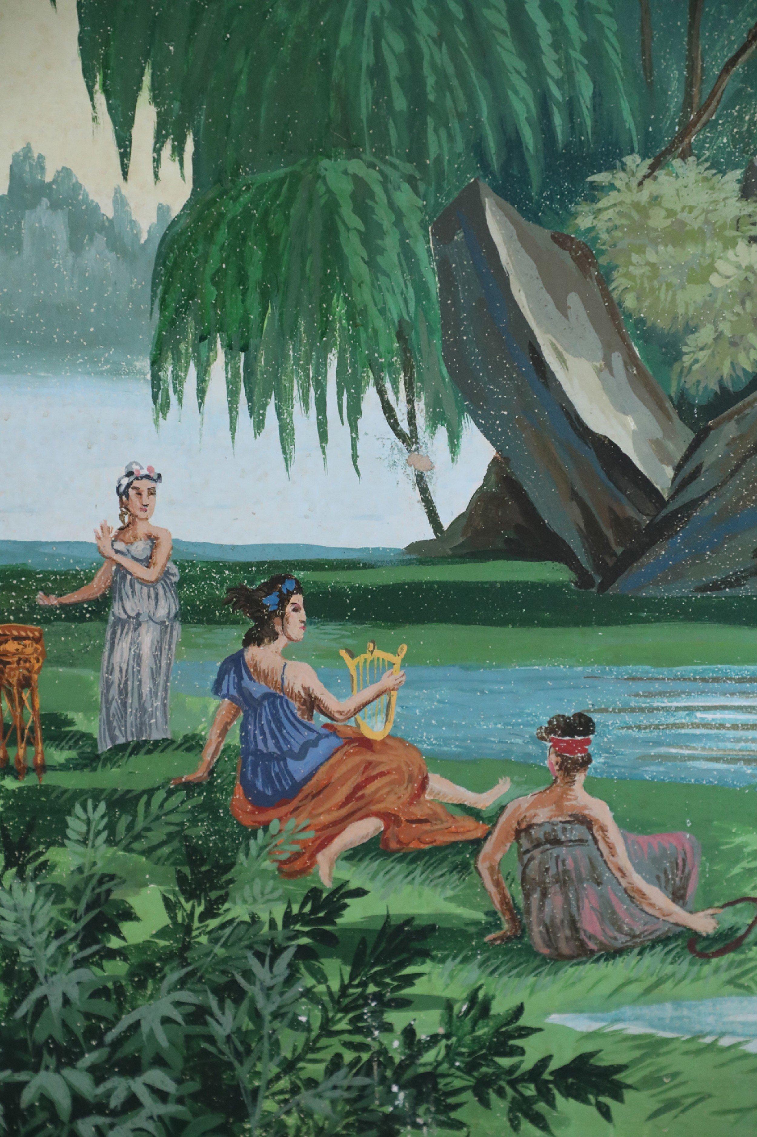 Biombo Vintage de Cuatro Paneles con Escena Pastoral Pintada de Estilo Neoclásico 3