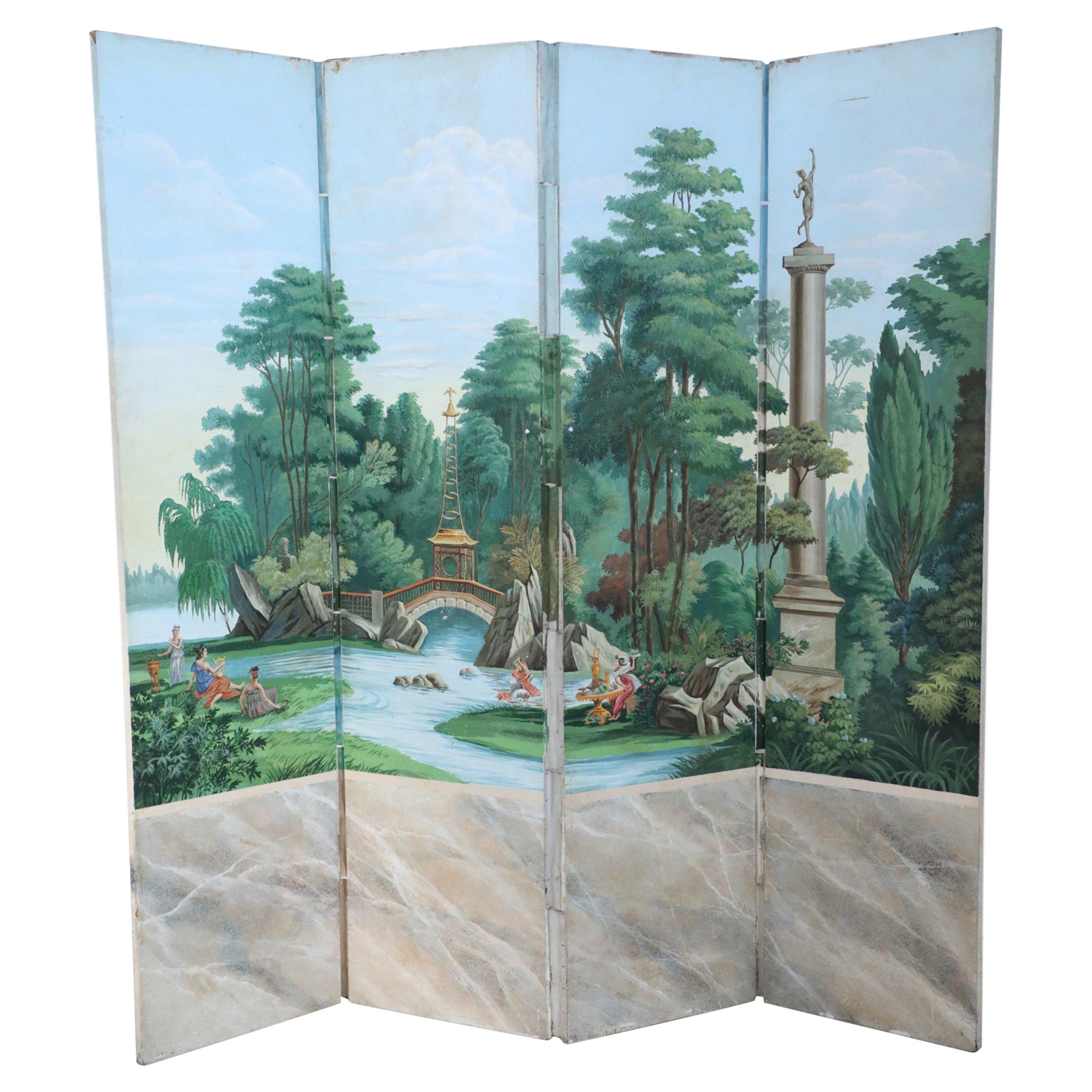 Vintage Neo-Classic Style Painted Pastoral Scene Four Panel Folding Screen
