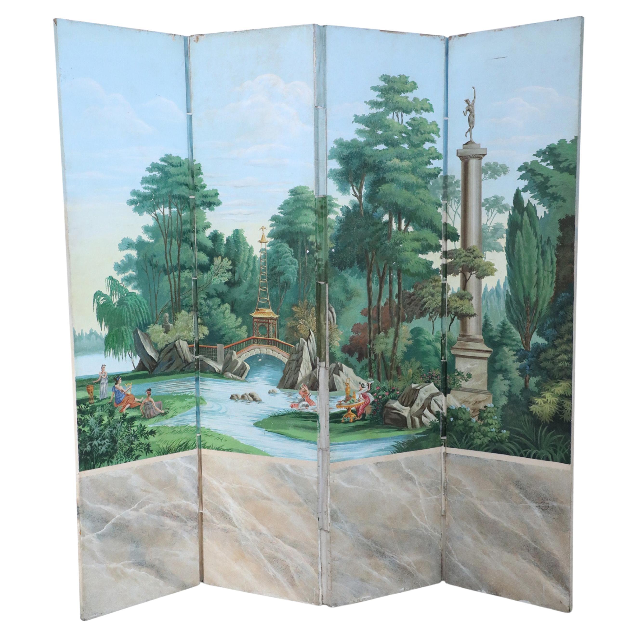 Vintage Neo-Classic Style Painted Pastoral Scene Four Panel Folding Screen For Sale