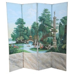Vintage Neo-Classic Style Painted Pastoral Scene Four Panel Folding Screen