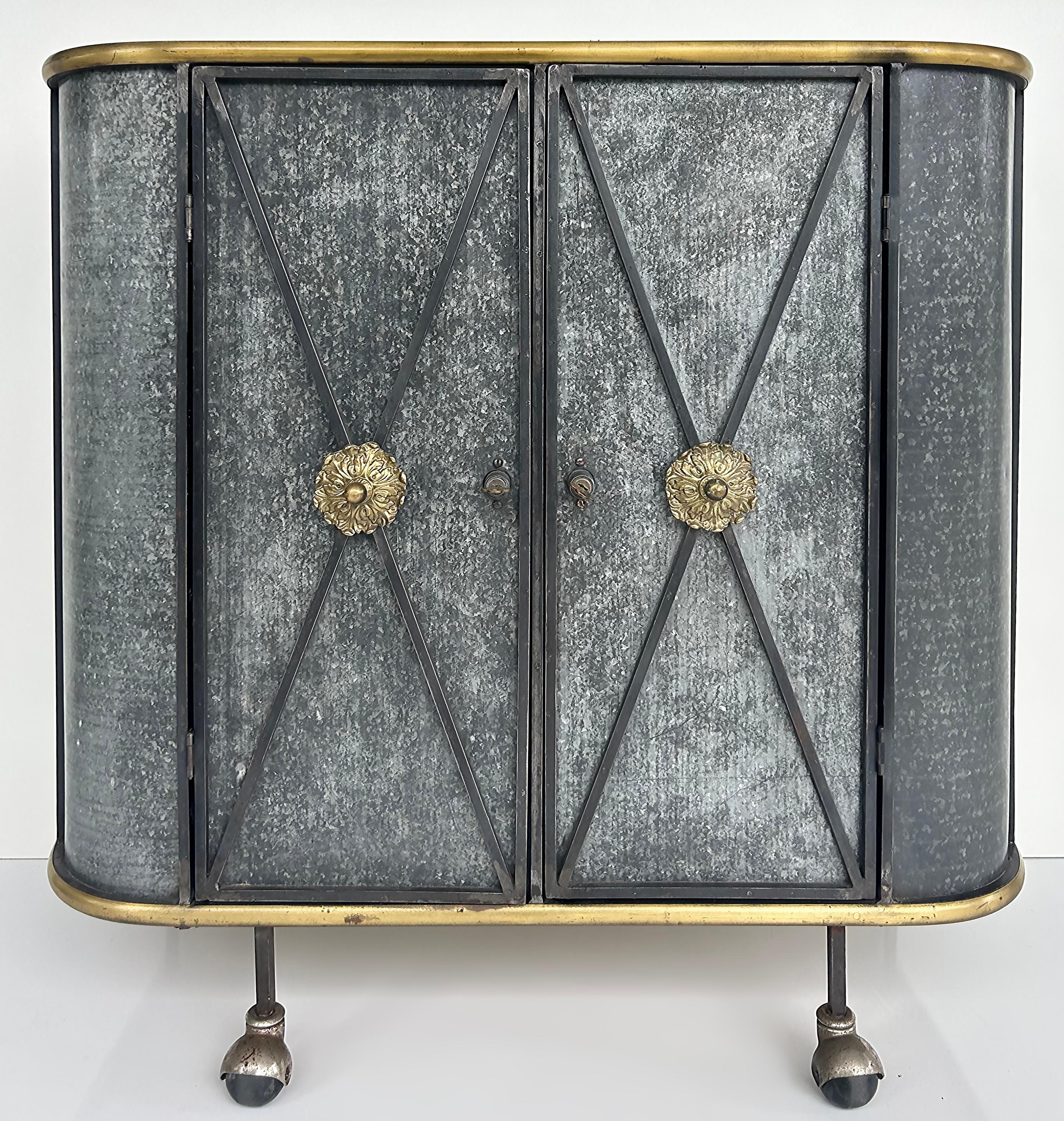 Neoclassical Vintage Neo-classical Iron, Brass, Metal 2-door Cabinet or Dry Bar, Glass Top  For Sale