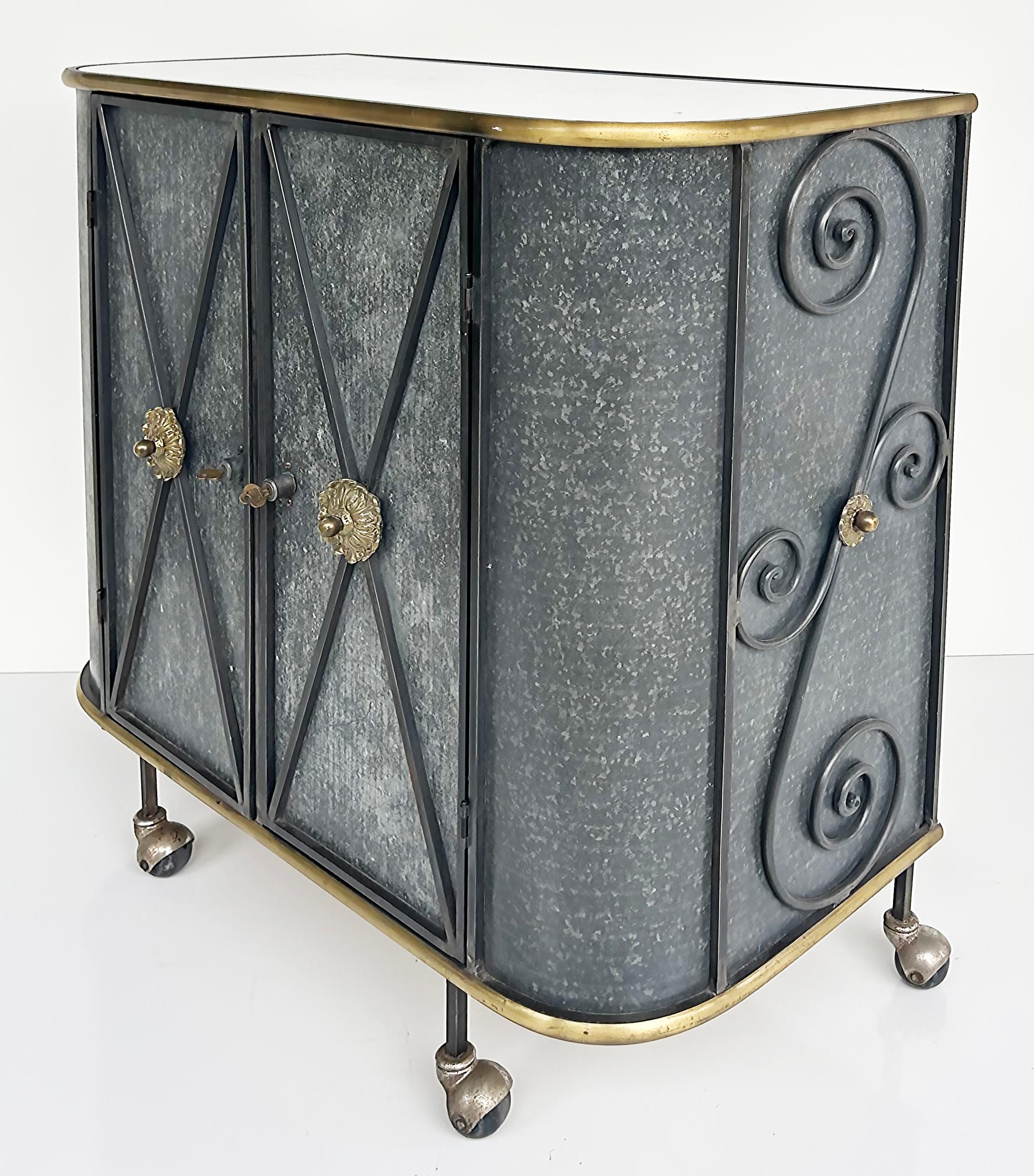 Vintage Neo-classical Iron, Brass, Metal 2-door Cabinet or Dry Bar, Glass Top  In Good Condition For Sale In Miami, FL