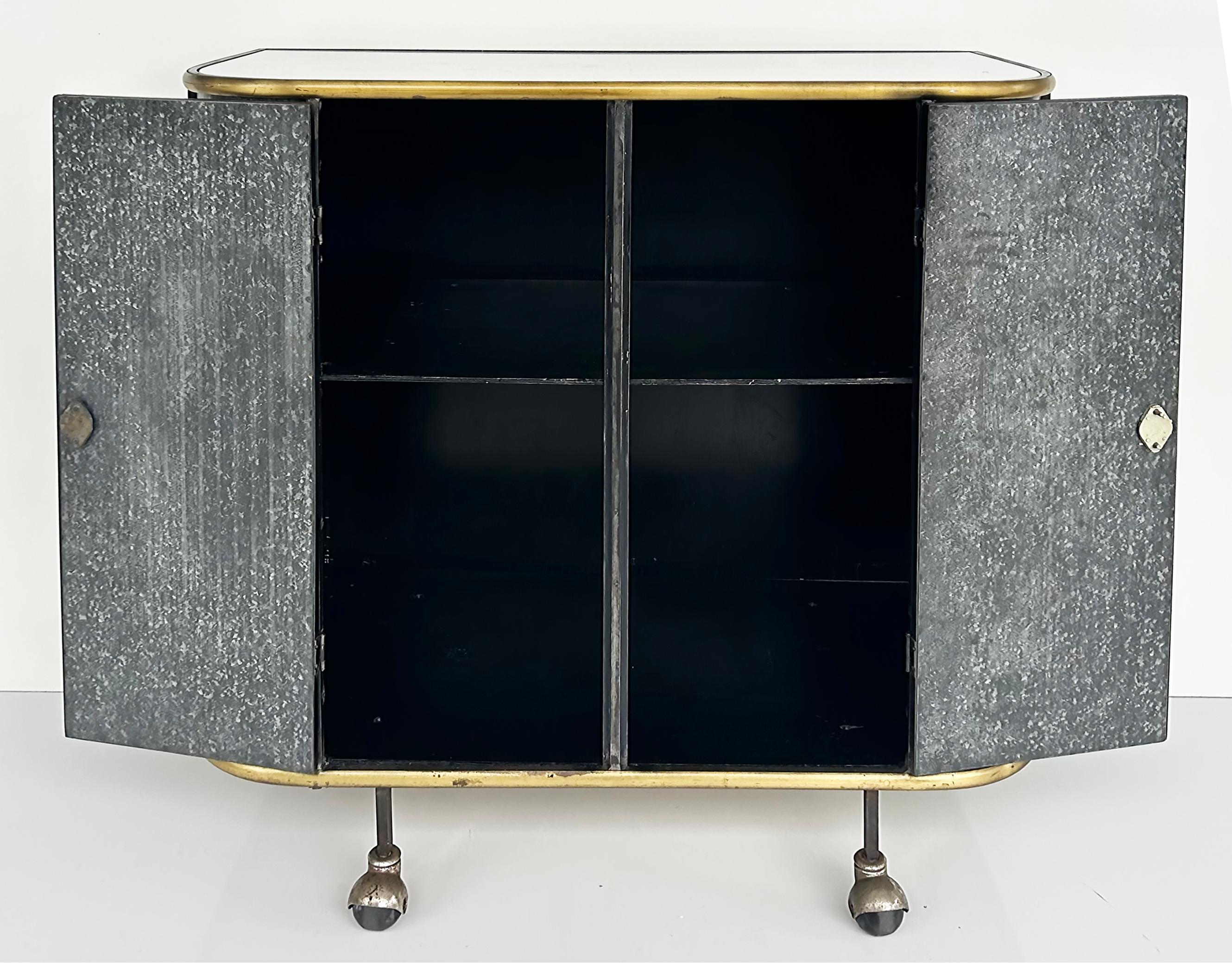 20th Century Vintage Neo-classical Iron, Brass, Metal 2-door Cabinet or Dry Bar, Glass Top  For Sale