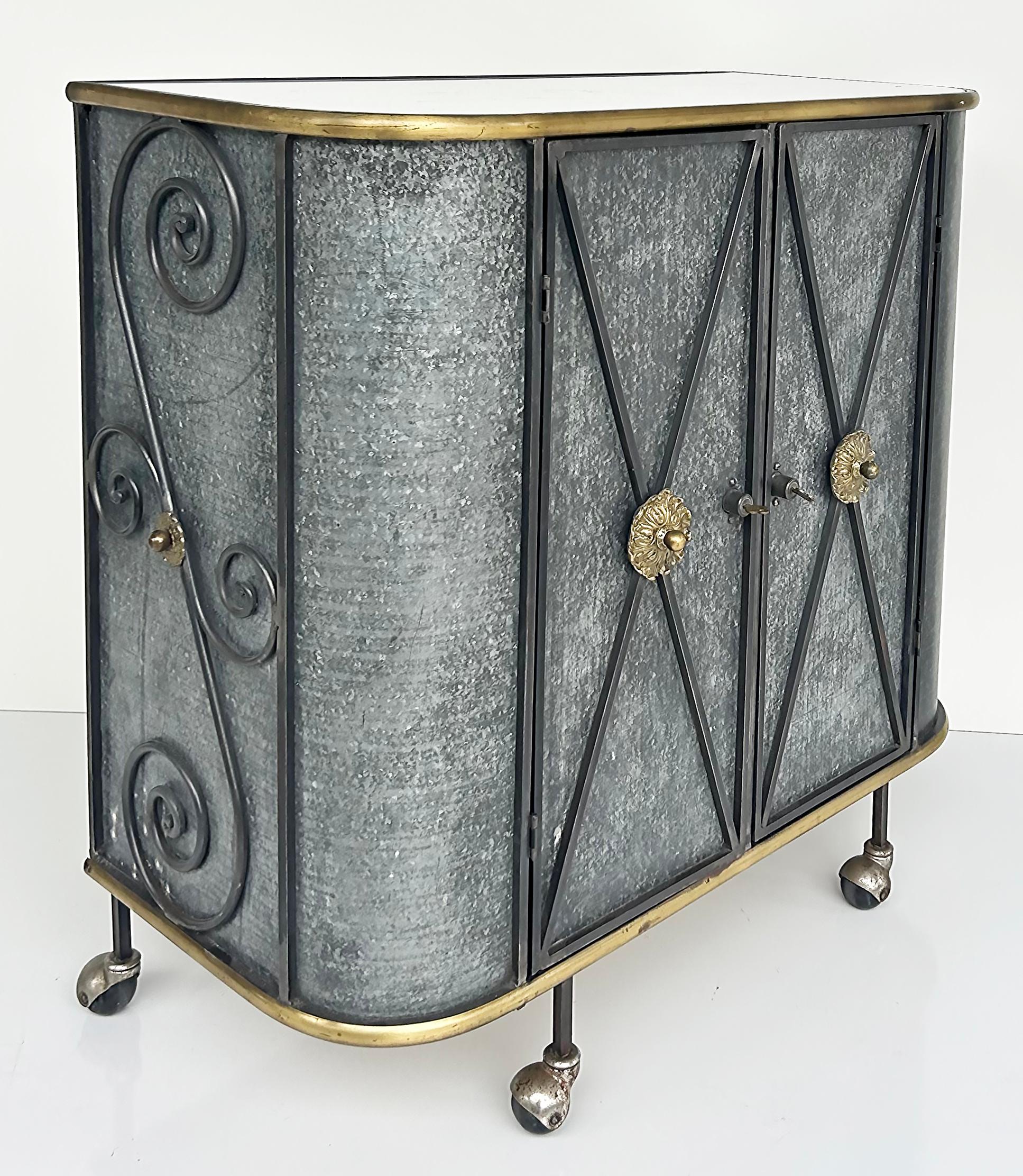 Vintage Neo-classical Iron, Brass, Metal 2-door Cabinet or Dry Bar, Glass Top  For Sale 1