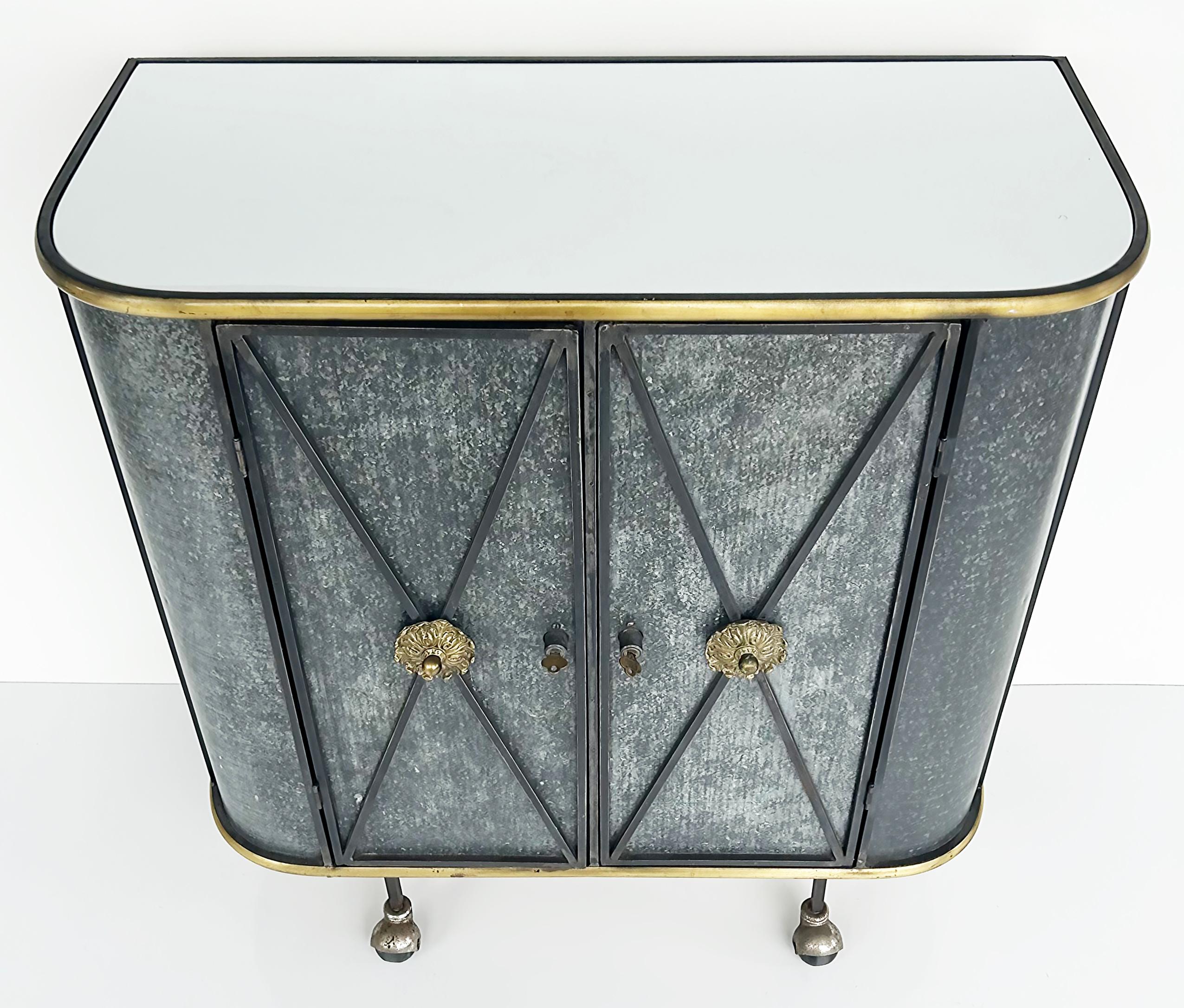 Vintage Neo-classical Iron, Brass, Metal 2-door Cabinet or Dry Bar, Glass Top  For Sale 4