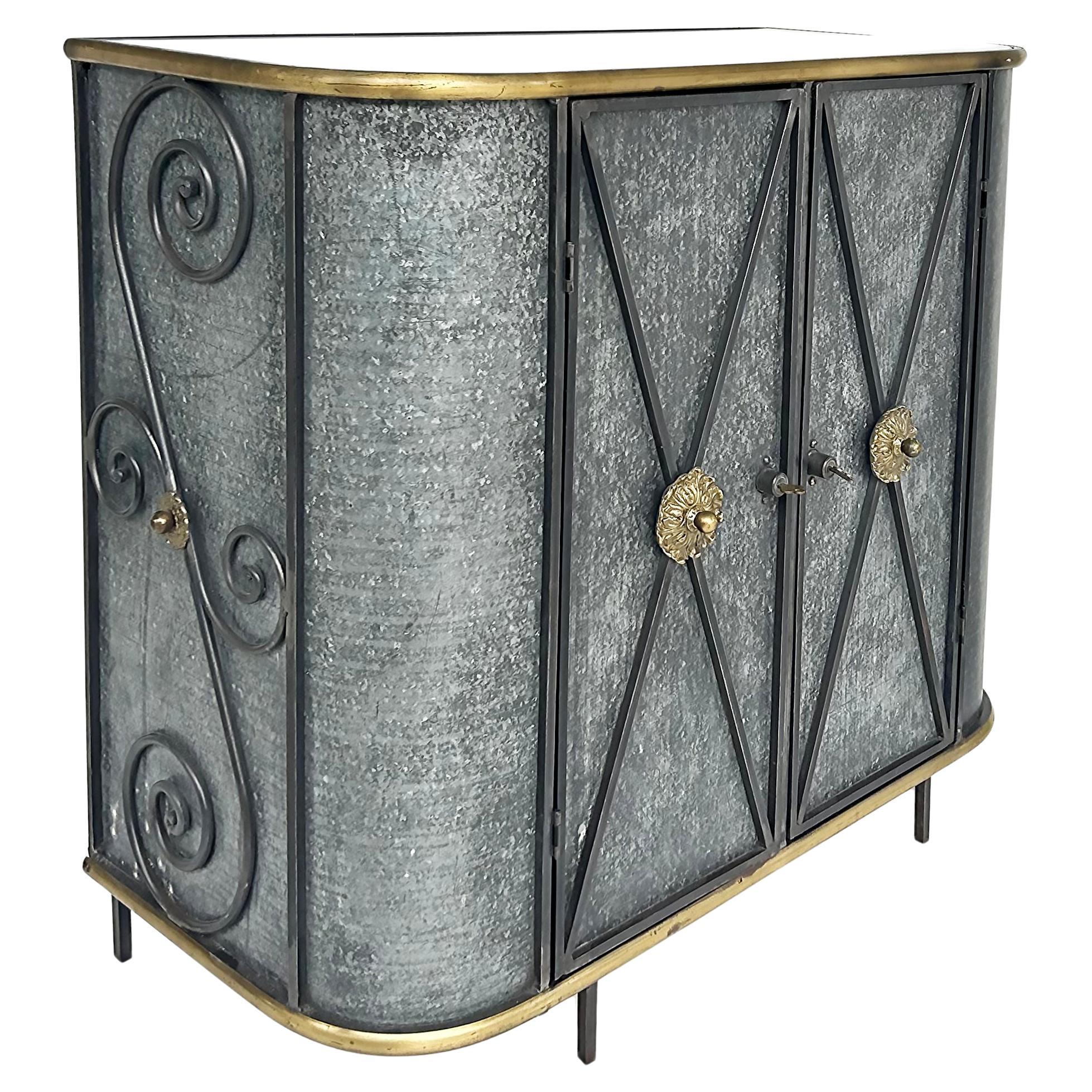 Vintage Neo-classical Iron, Brass, Metal 2-door Cabinet or Dry Bar, Glass Top For Sale