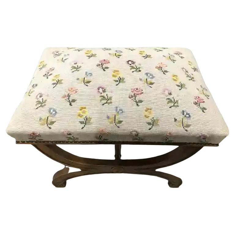 Classical Roman Vintage Neo-classical Style Needlepoint Upholstered Curule Bench For Sale