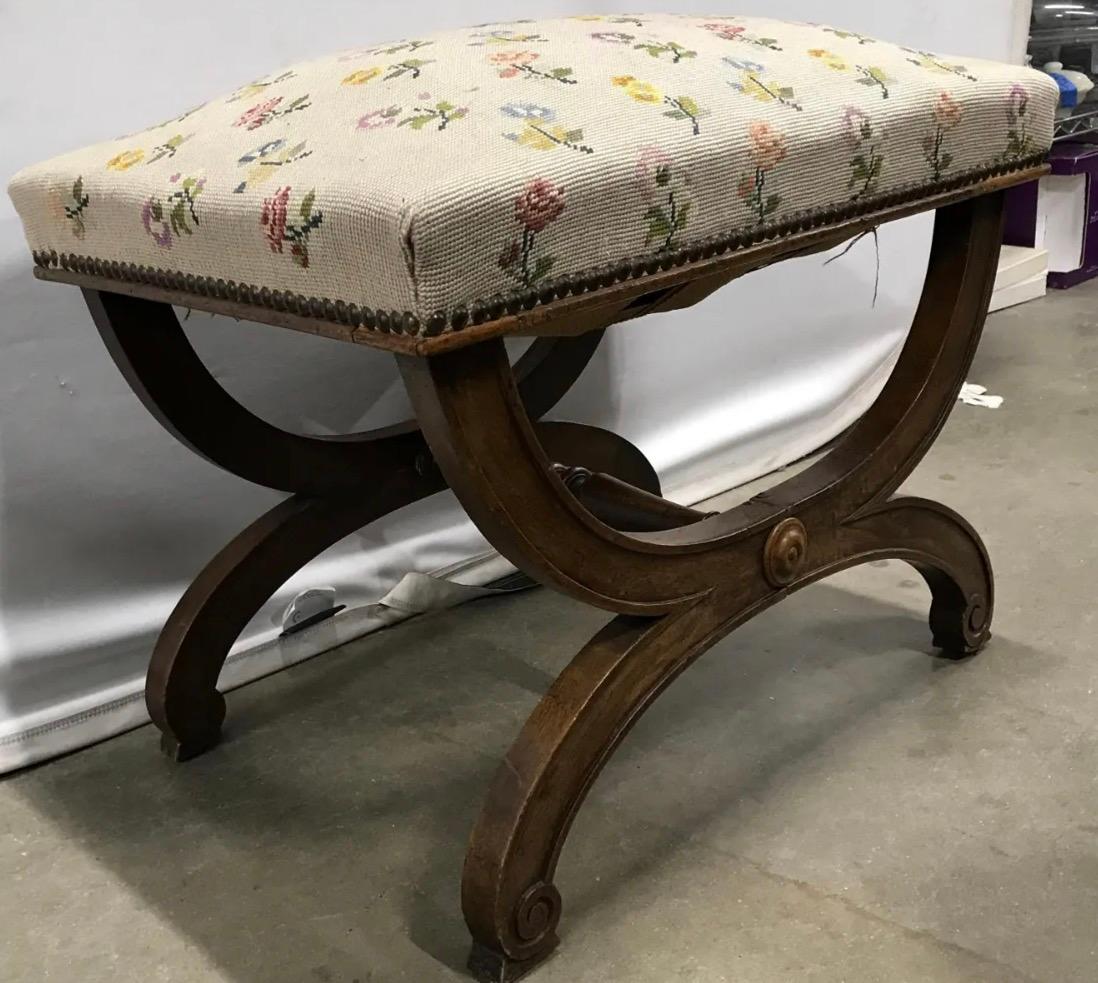 20th Century Vintage Neo-classical Style Needlepoint Upholstered Curule Bench For Sale