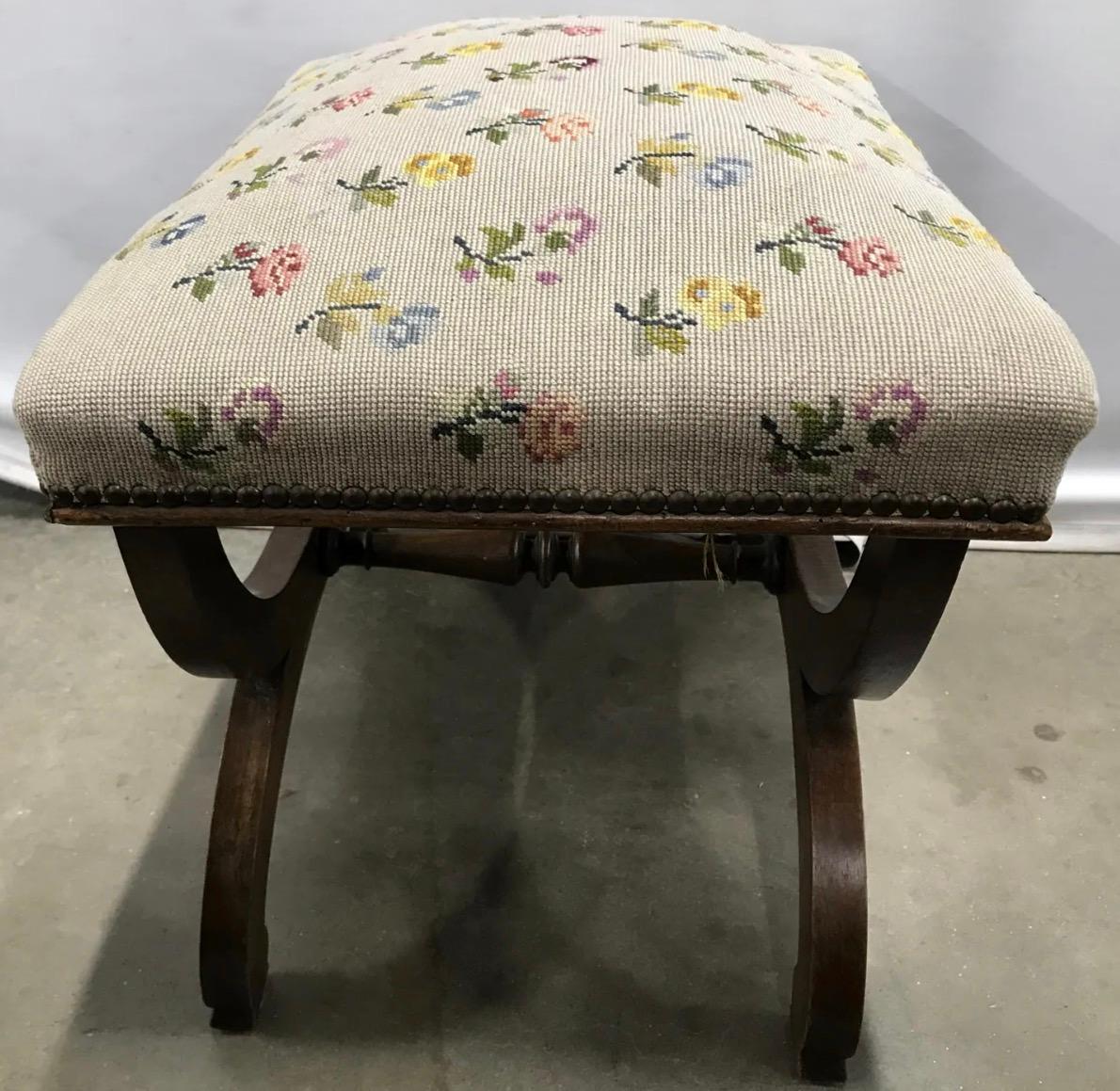 Upholstery Vintage Neo-classical Style Needlepoint Upholstered Curule Bench For Sale