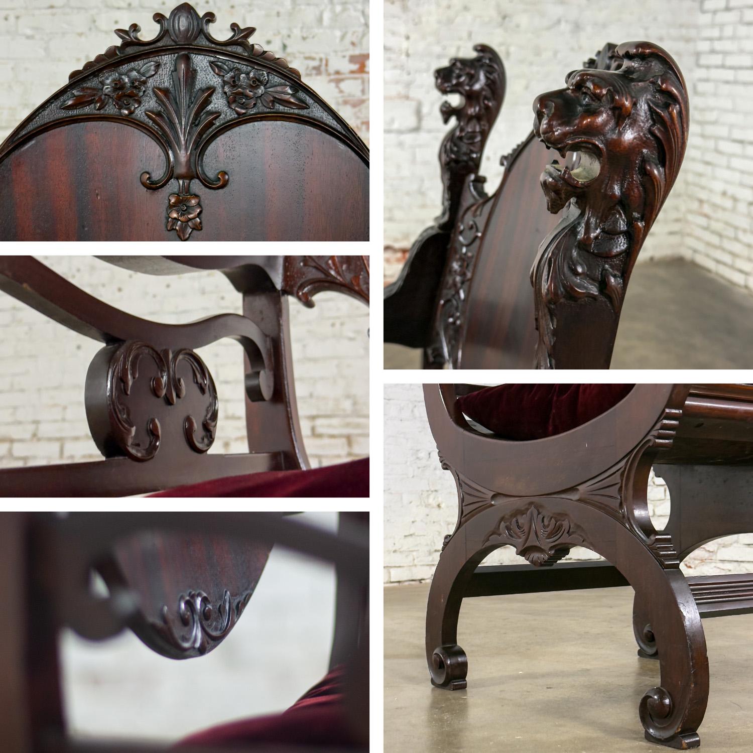 Vintage Neo Renaissance Style Lion Head Savonarola Throne Chair w/Mahogany Frame For Sale 3