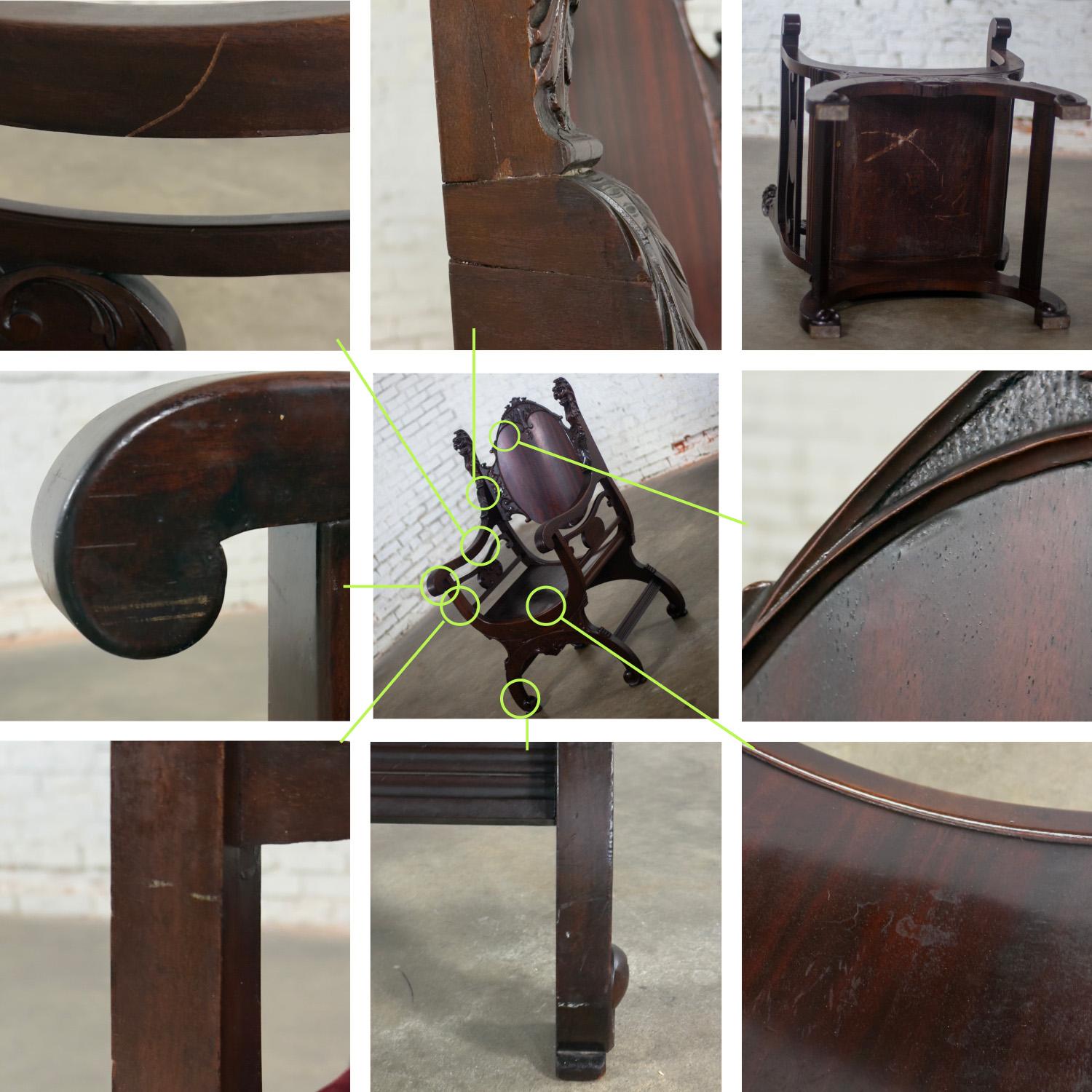 Vintage Neo Renaissance Style Lion Head Savonarola Throne Chair w/Mahogany Frame For Sale 4