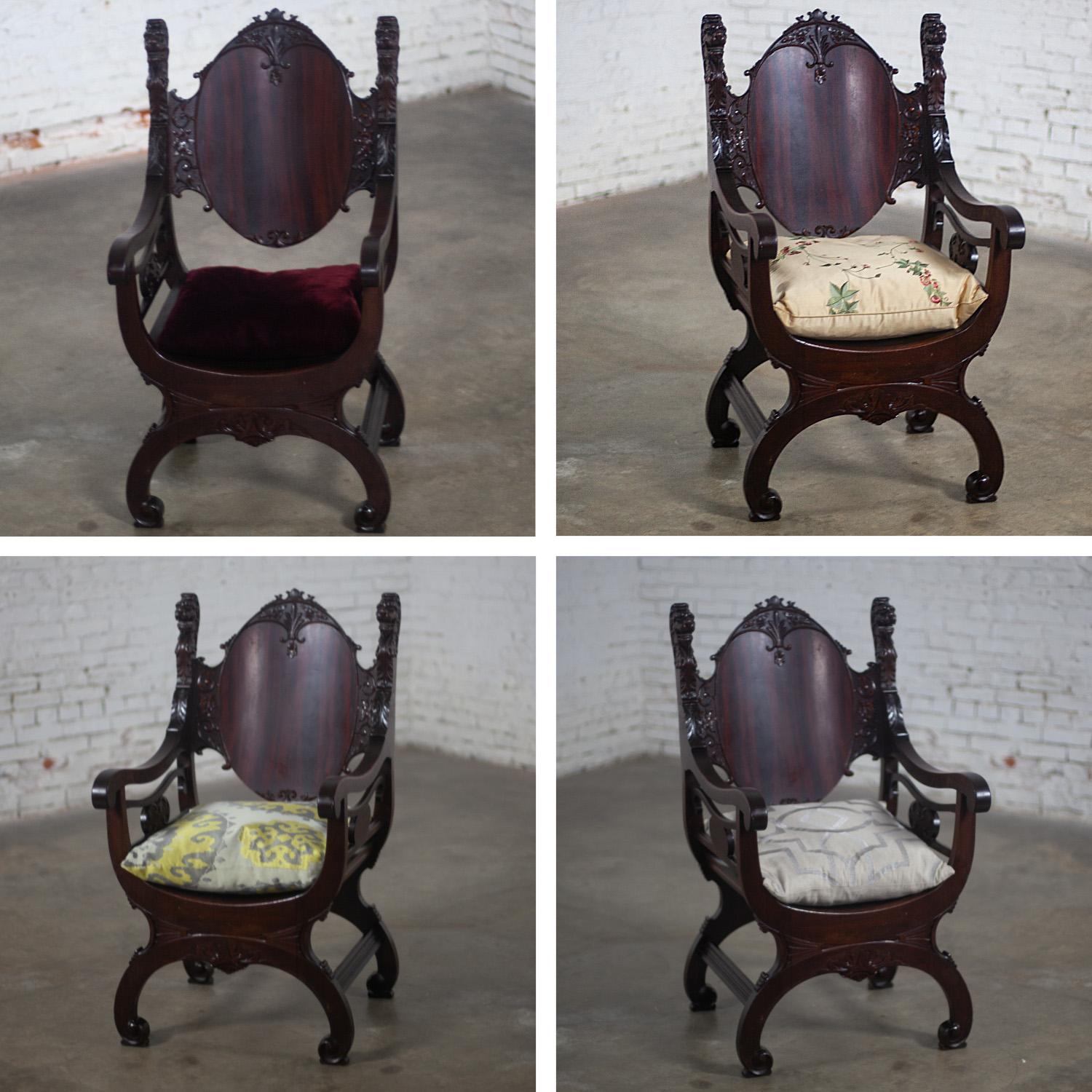 Vintage Neo Renaissance Style Lion Head Savonarola Throne Chair w/Mahogany Frame For Sale 5