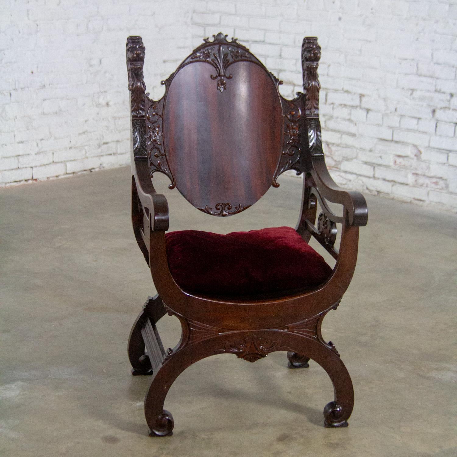 Vintage Neo Renaissance Style Lion Head Savonarola Throne Chair w/Mahogany Frame For Sale 7