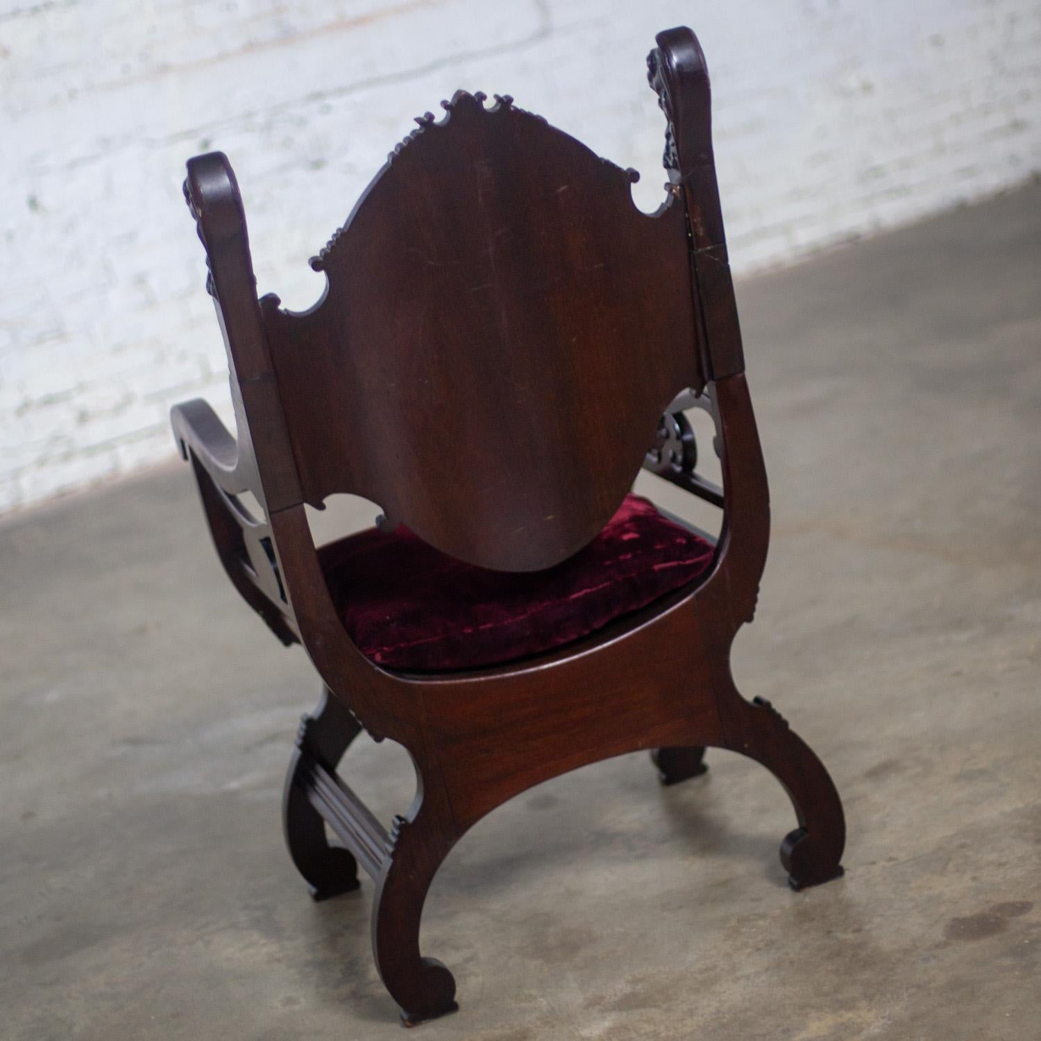 Vintage Neo Renaissance Style Lion Head Savonarola Throne Chair w/Mahogany Frame For Sale 8