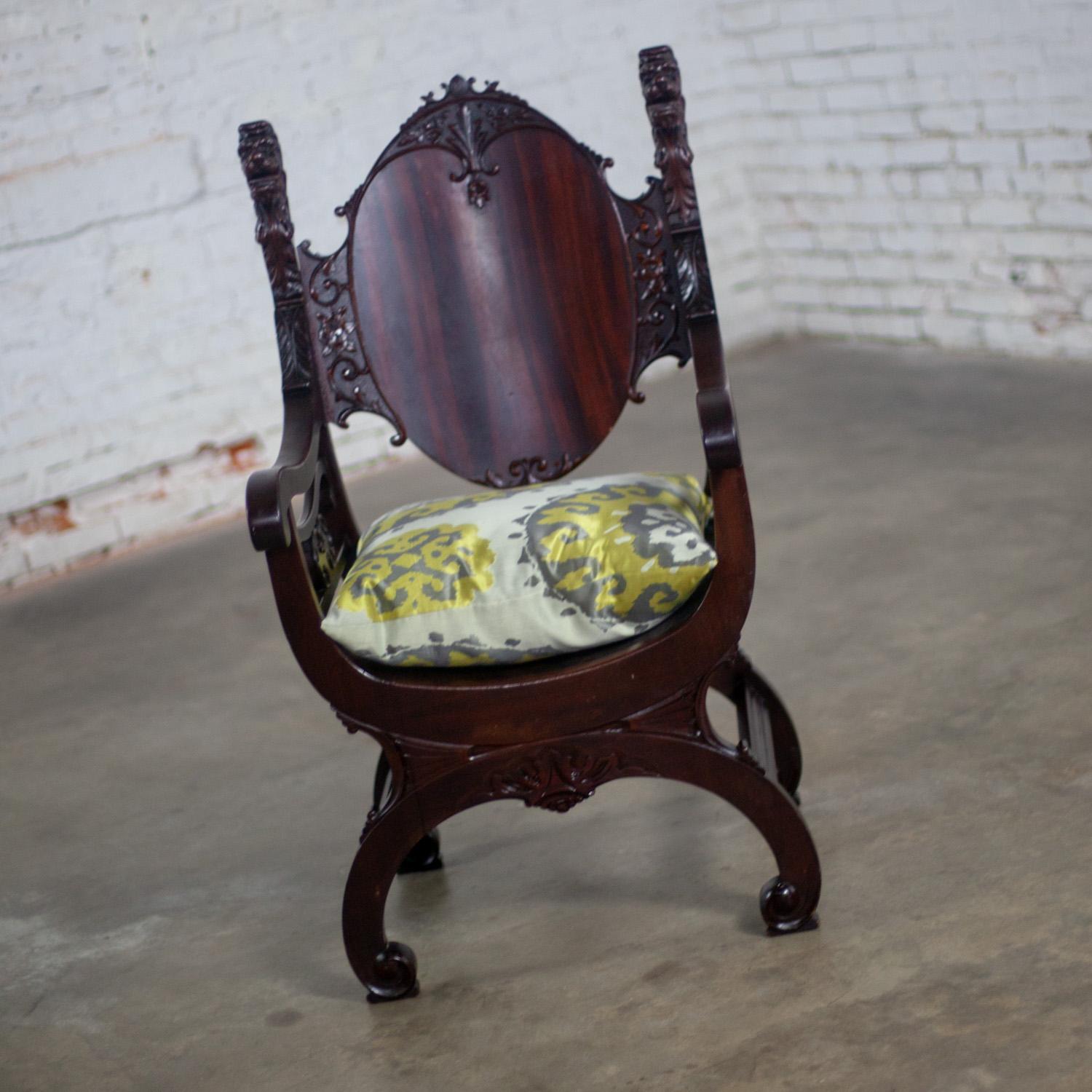 Vintage Neo Renaissance Style Lion Head Savonarola Throne Chair w/Mahogany Frame For Sale 10