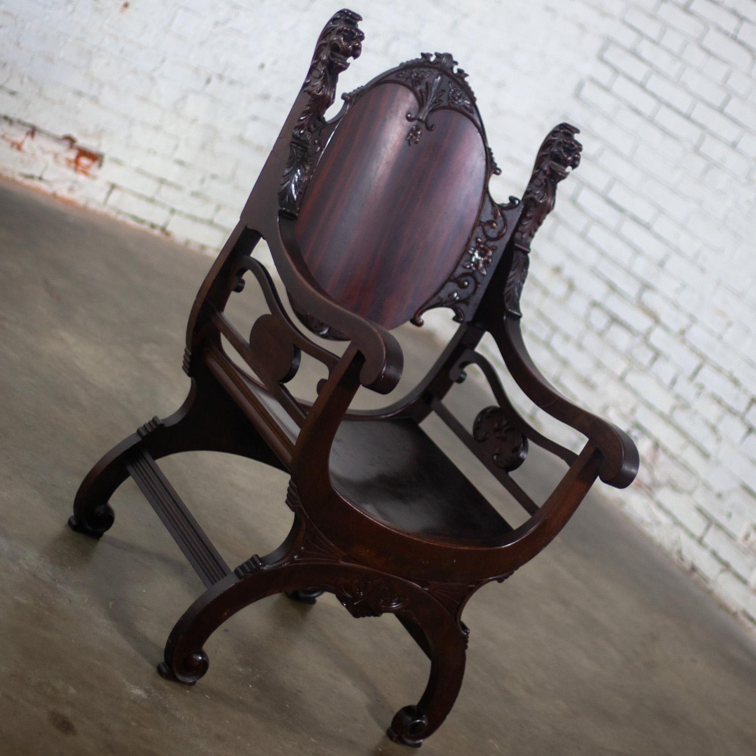 Vintage Neo Renaissance Style Lion Head Savonarola Throne Chair w/Mahogany Frame For Sale 13