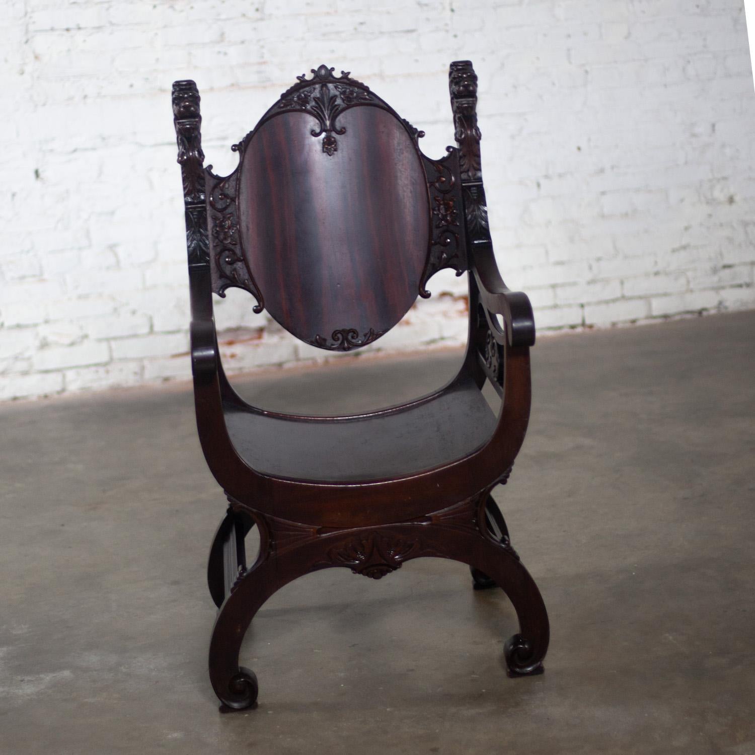 Unknown Vintage Neo Renaissance Style Lion Head Savonarola Throne Chair w/Mahogany Frame For Sale