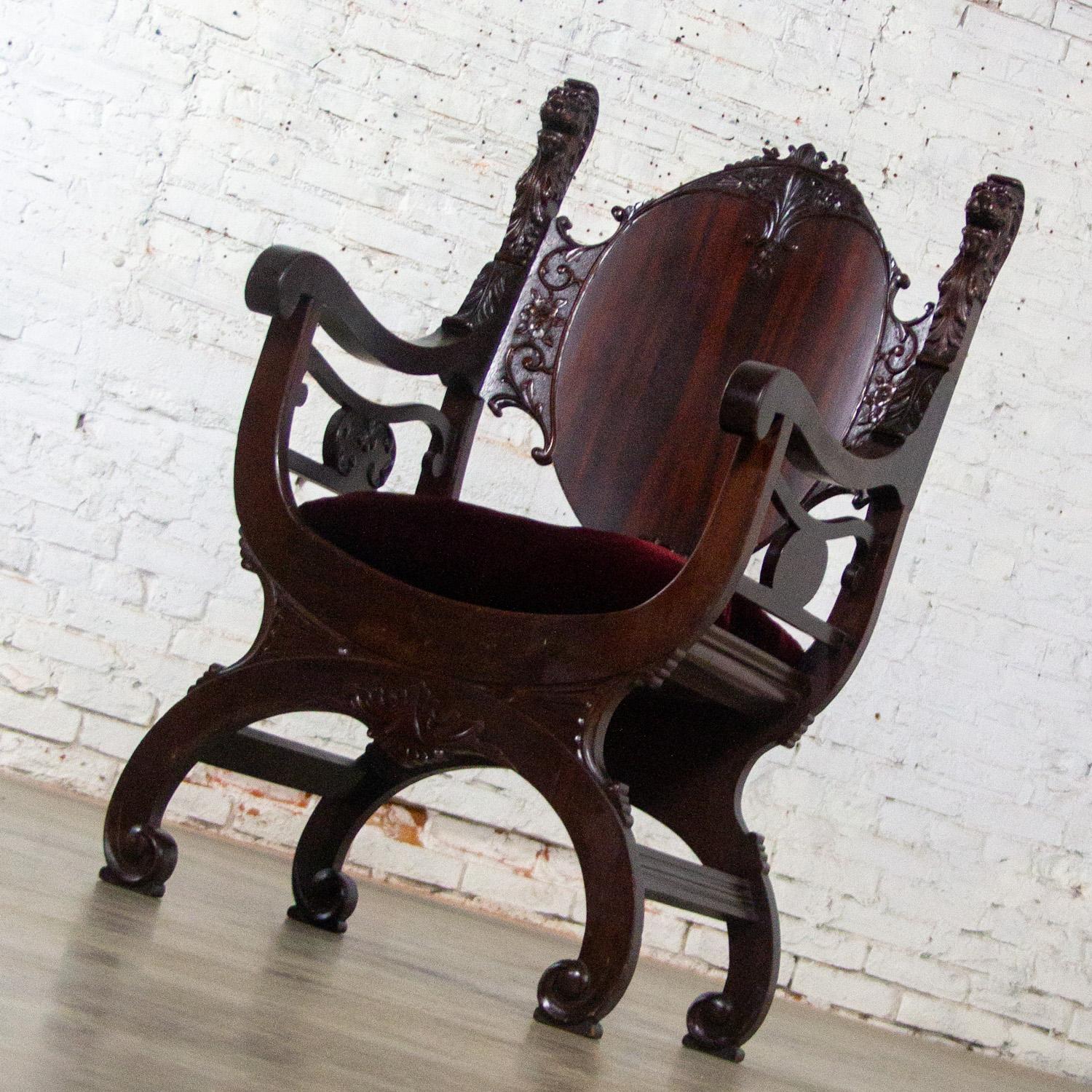 Vintage Neo Renaissance Style Lion Head Savonarola Throne Chair w/Mahogany Frame In Good Condition For Sale In Topeka, KS