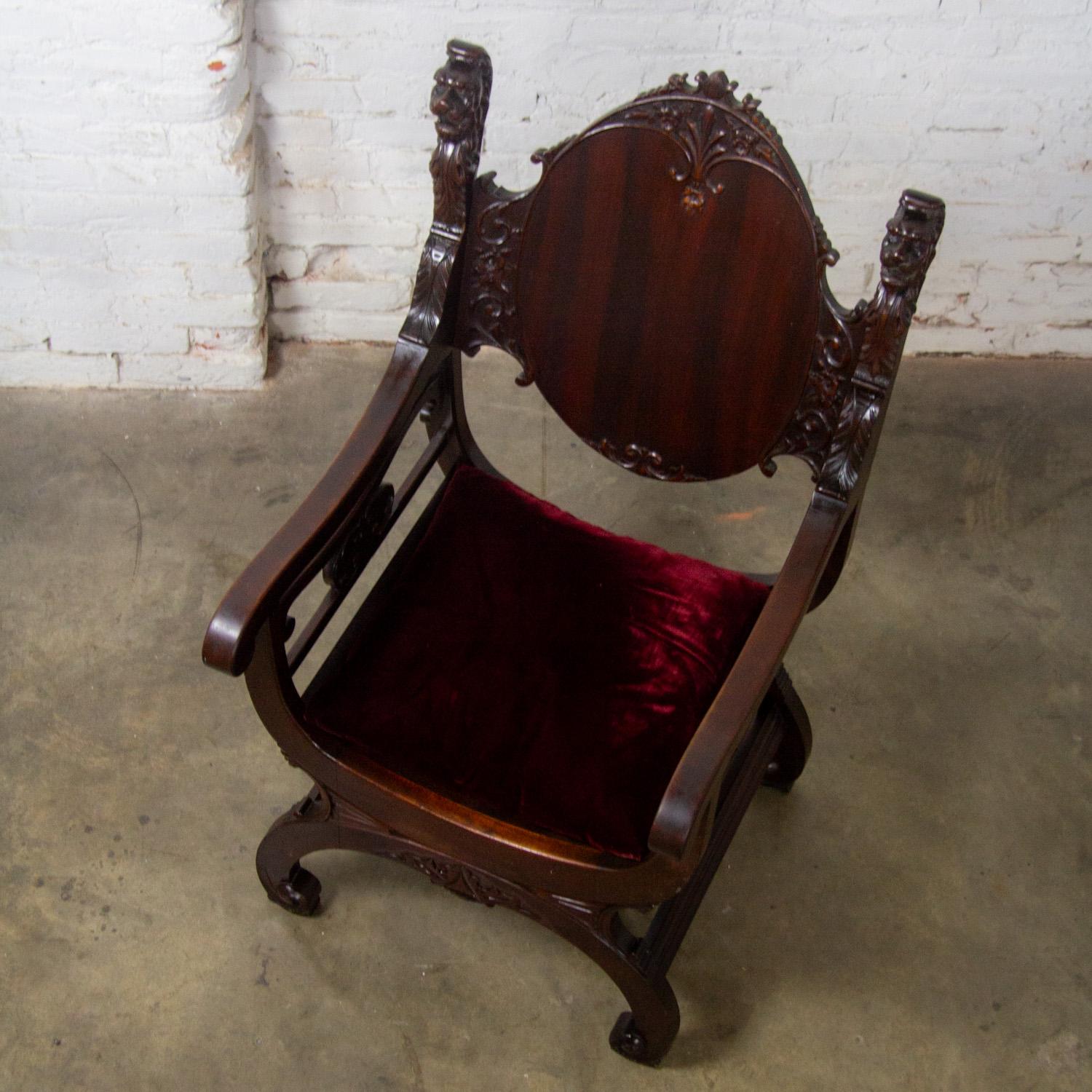 19th Century Vintage Neo Renaissance Style Lion Head Savonarola Throne Chair w/Mahogany Frame For Sale