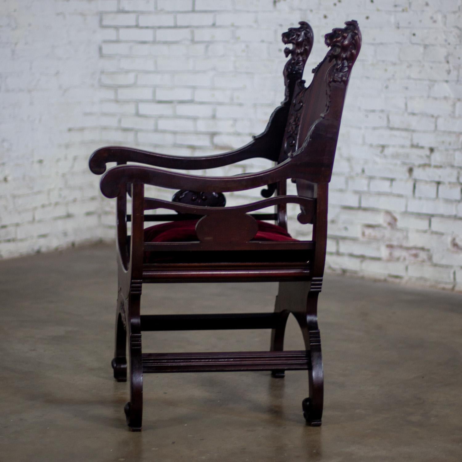 Vintage Neo Renaissance Style Lion Head Savonarola Throne Chair w/Mahogany Frame For Sale 1