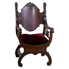 Vintage Neo Renaissance Style Lion Head Savonarola Throne Chair w/Mahogany Frame