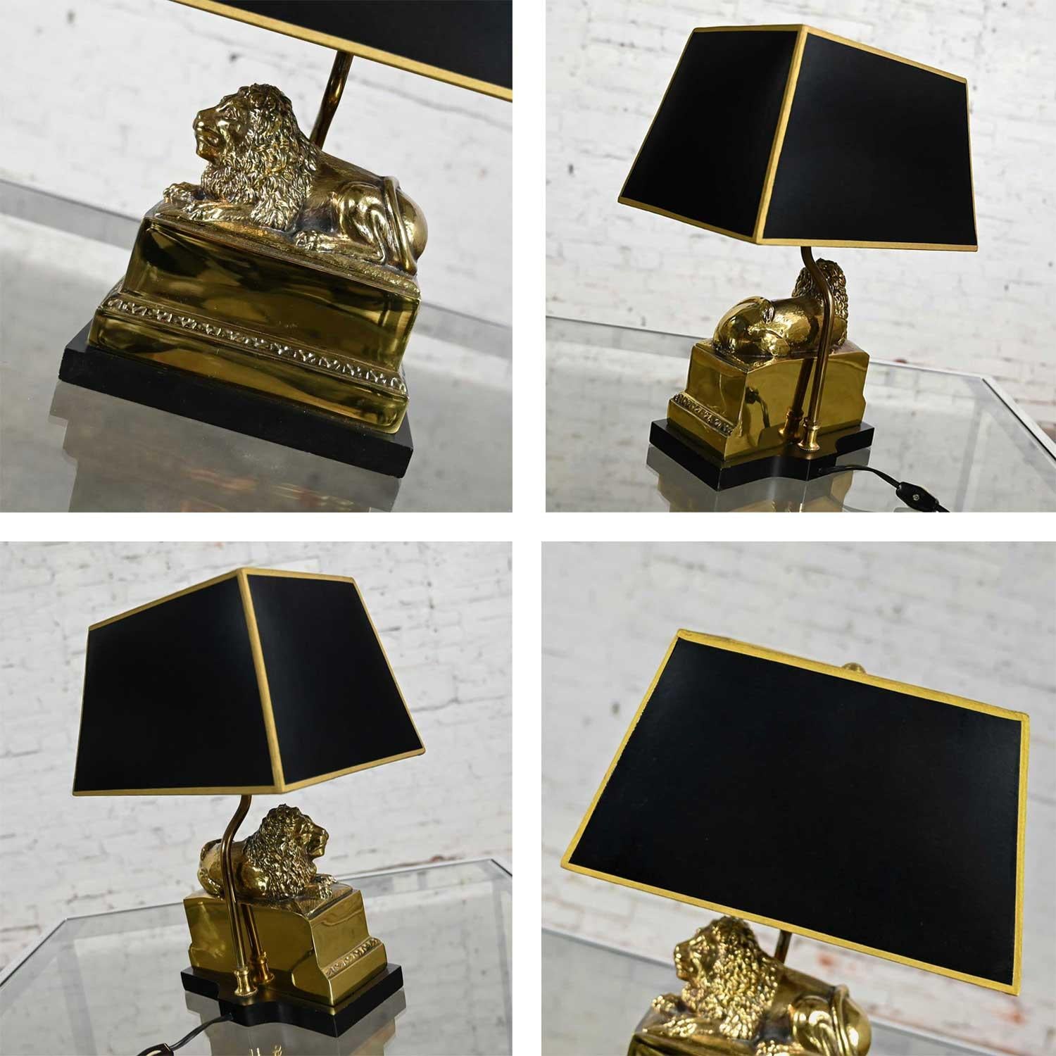 Vintage Neoclassic Brass Lion Low Desk Lamp Rectangular Black Shade For Sale 5