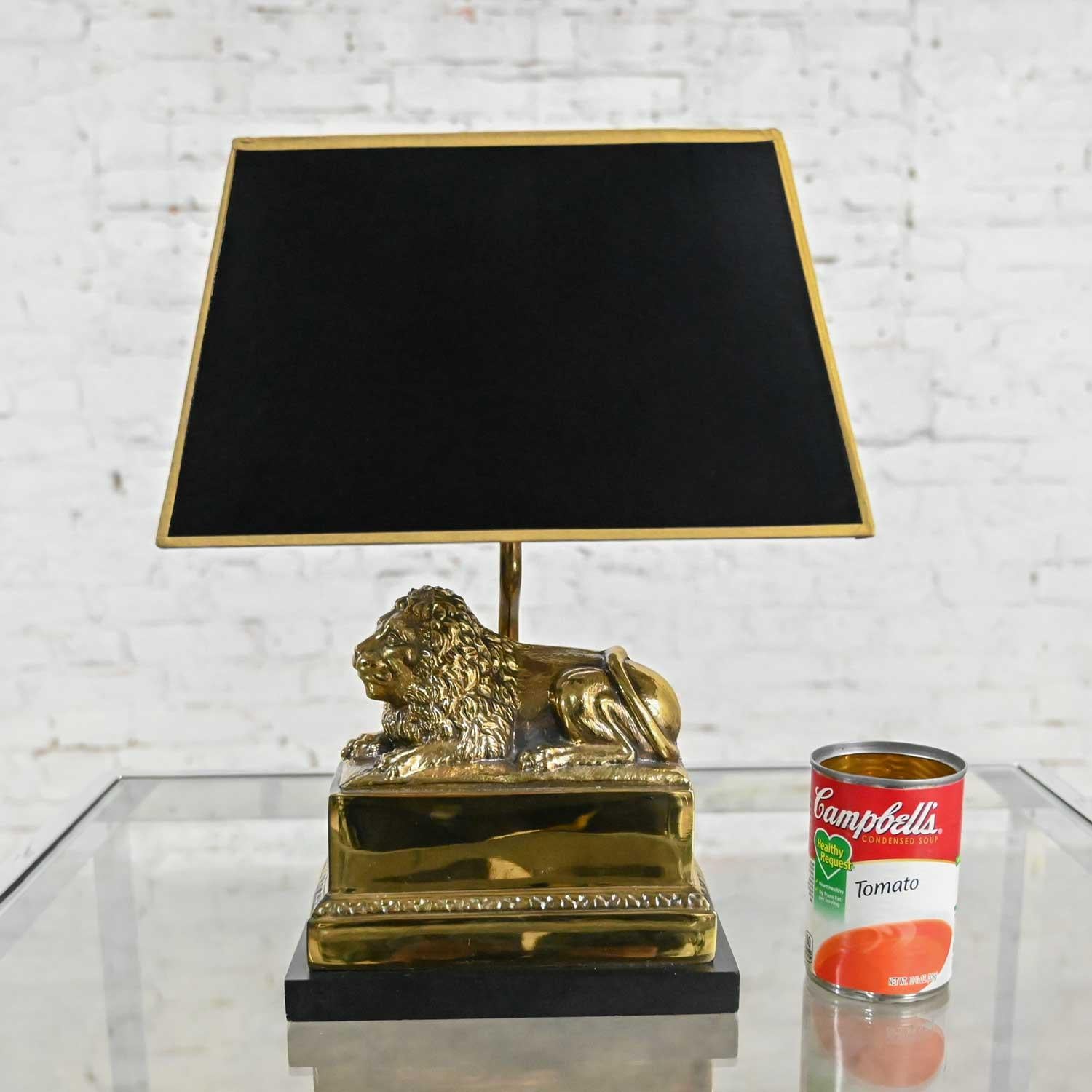 Vintage Neoclassic Brass Lion Low Desk Lamp Rectangular Black Shade For Sale 7