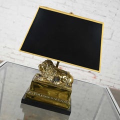 Vintage Neoclassic Brass Lion Low Desk Lamp Rectangular Black Shade