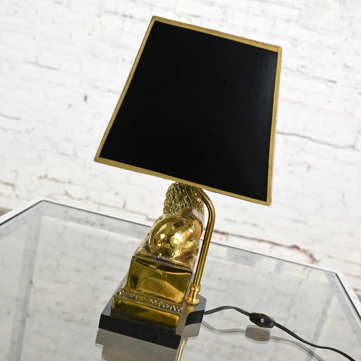 Unknown Vintage Neoclassic Brass Lion Low Desk Lamp Rectangular Black Shade For Sale