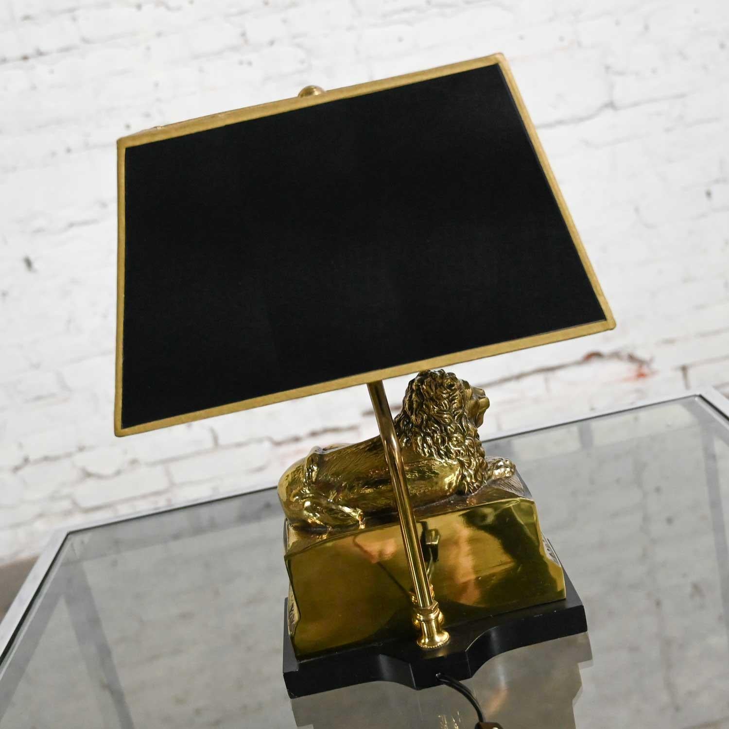 Vintage Neoclassic Brass Lion Low Desk Lamp Rectangular Black Shade In Good Condition For Sale In Topeka, KS