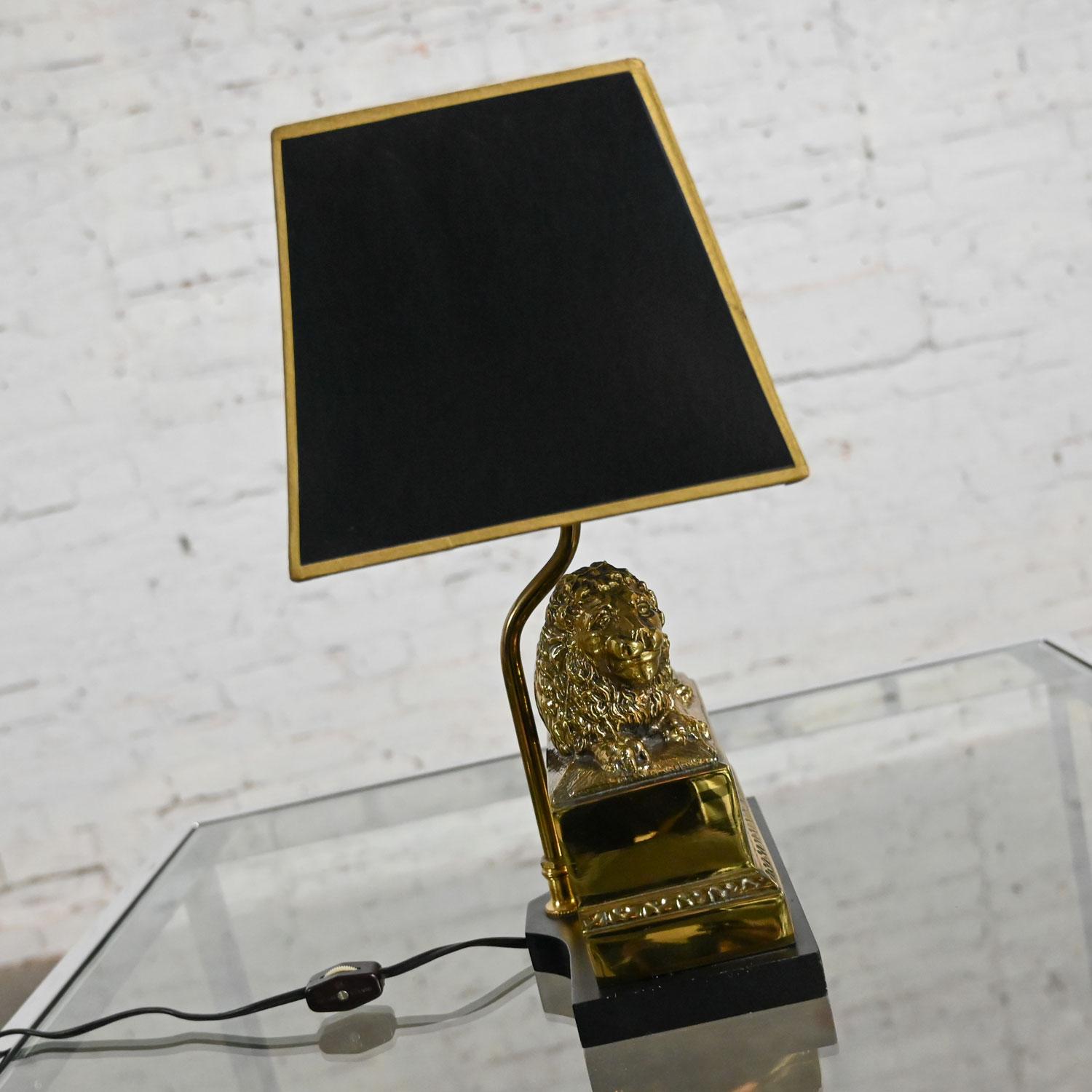 20th Century Vintage Neoclassic Brass Lion Low Desk Lamp Rectangular Black Shade For Sale