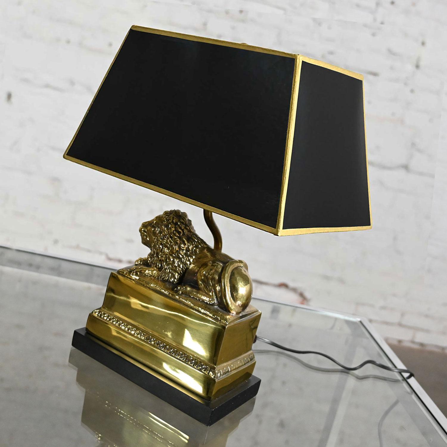 Paper Vintage Neoclassic Brass Lion Low Desk Lamp Rectangular Black Shade For Sale