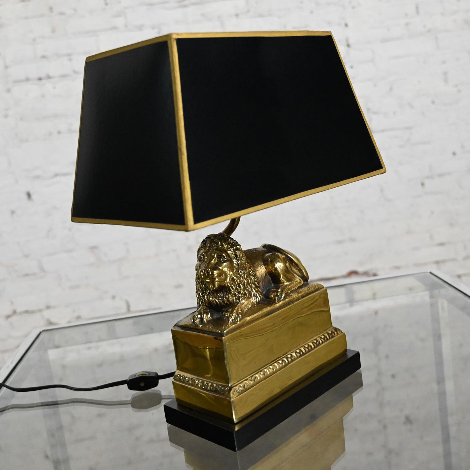Vintage Neoclassic Brass Lion Low Desk Lamp Rectangular Black Shade For Sale 1