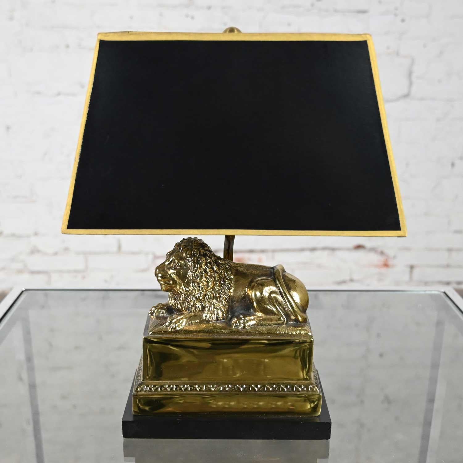 Vintage Neoclassic Brass Lion Low Desk Lamp Rectangular Black Shade For Sale 2